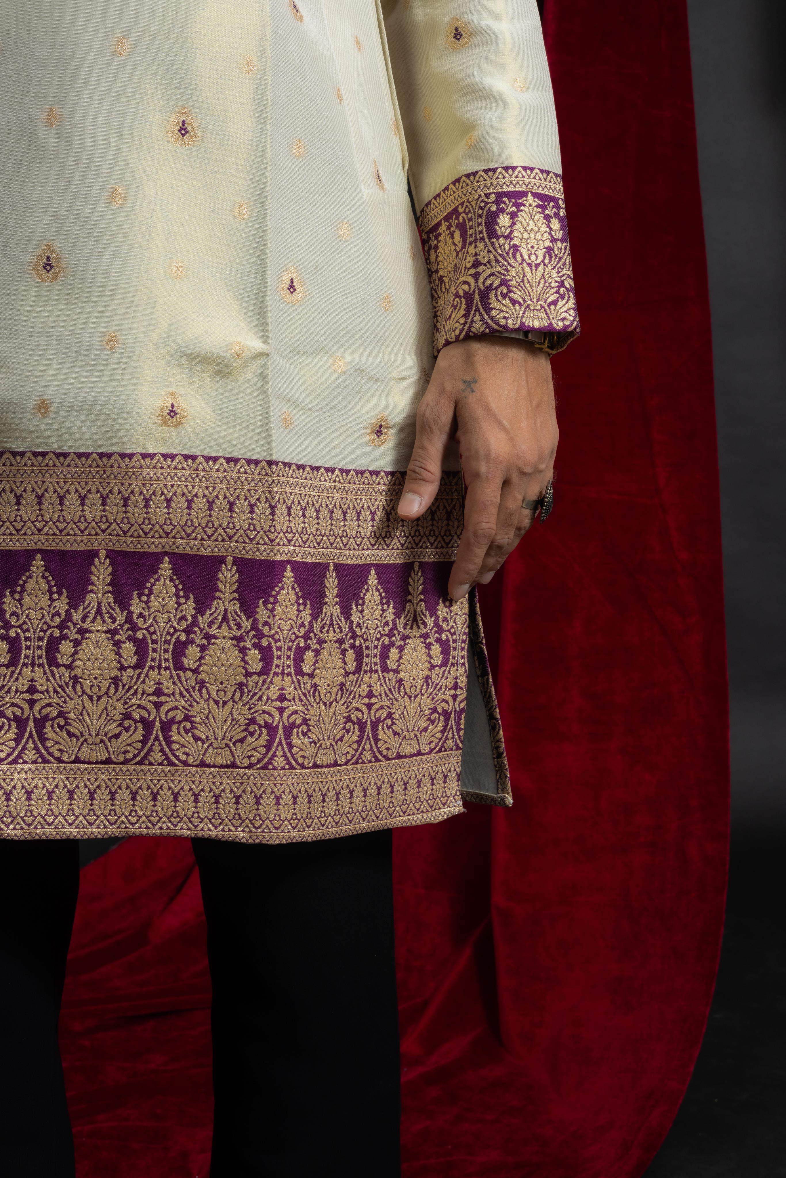 PURPLE KANJIVARAM BORDER IVORY JACQUARD DESIGNER KURTA