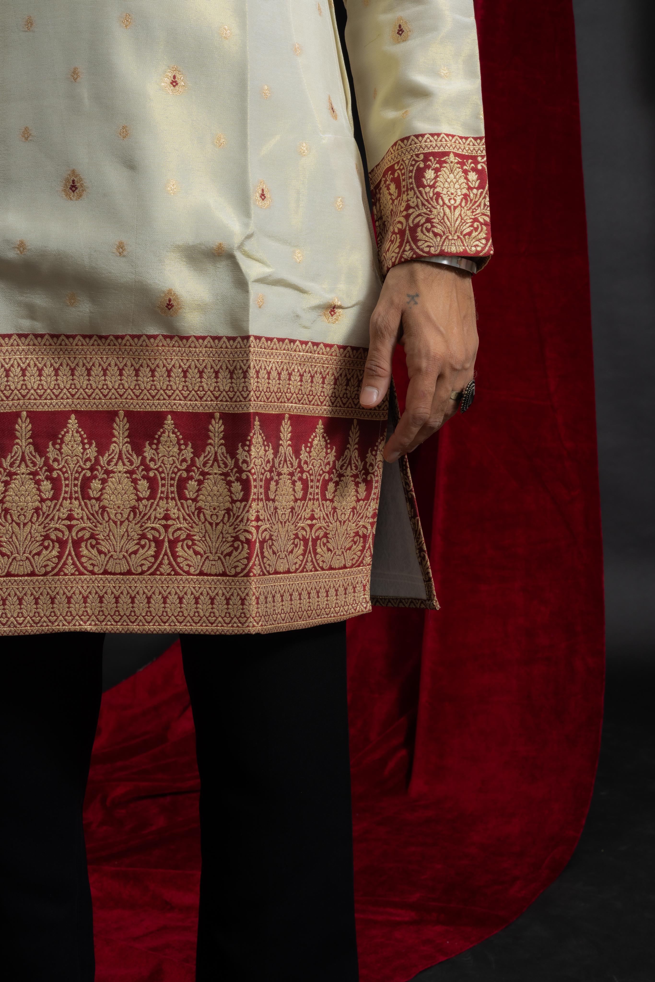 MAROON KANJIVARAM BORDER IVORY JACQUARD DESIGNER KURTA