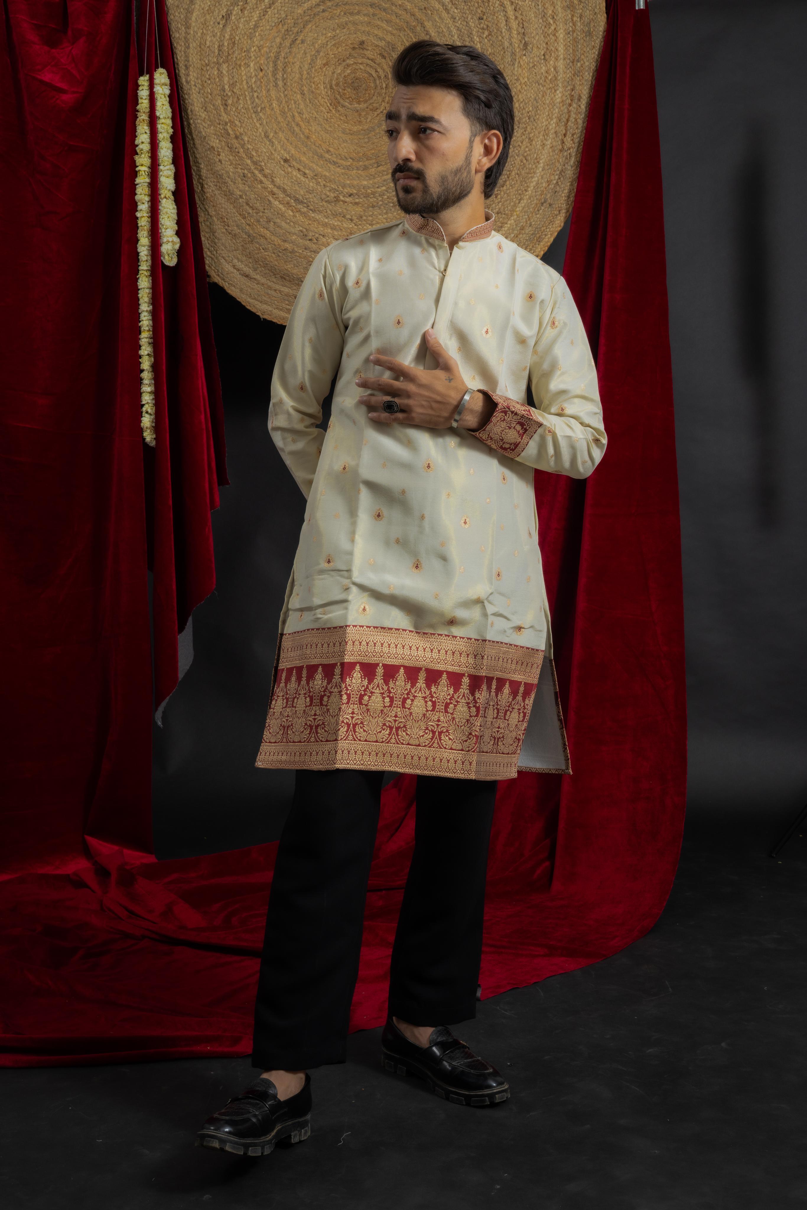 MAROON KANJIVARAM BORDER IVORY JACQUARD DESIGNER KURTA