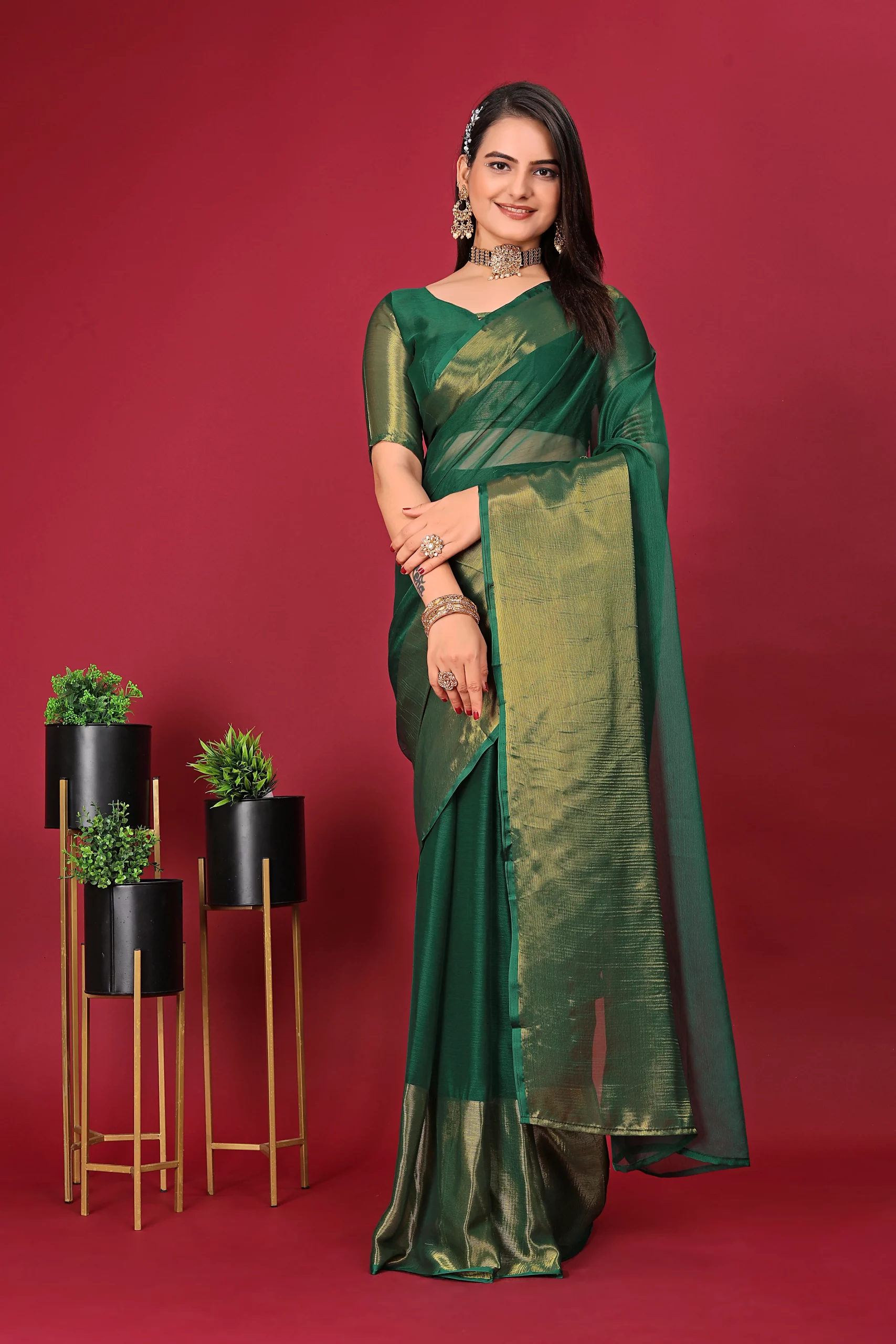 Pre Stitched 1-Min Ready To Wear Saree DARK GREEN In Premium Chiffon Silk With Zari Patta