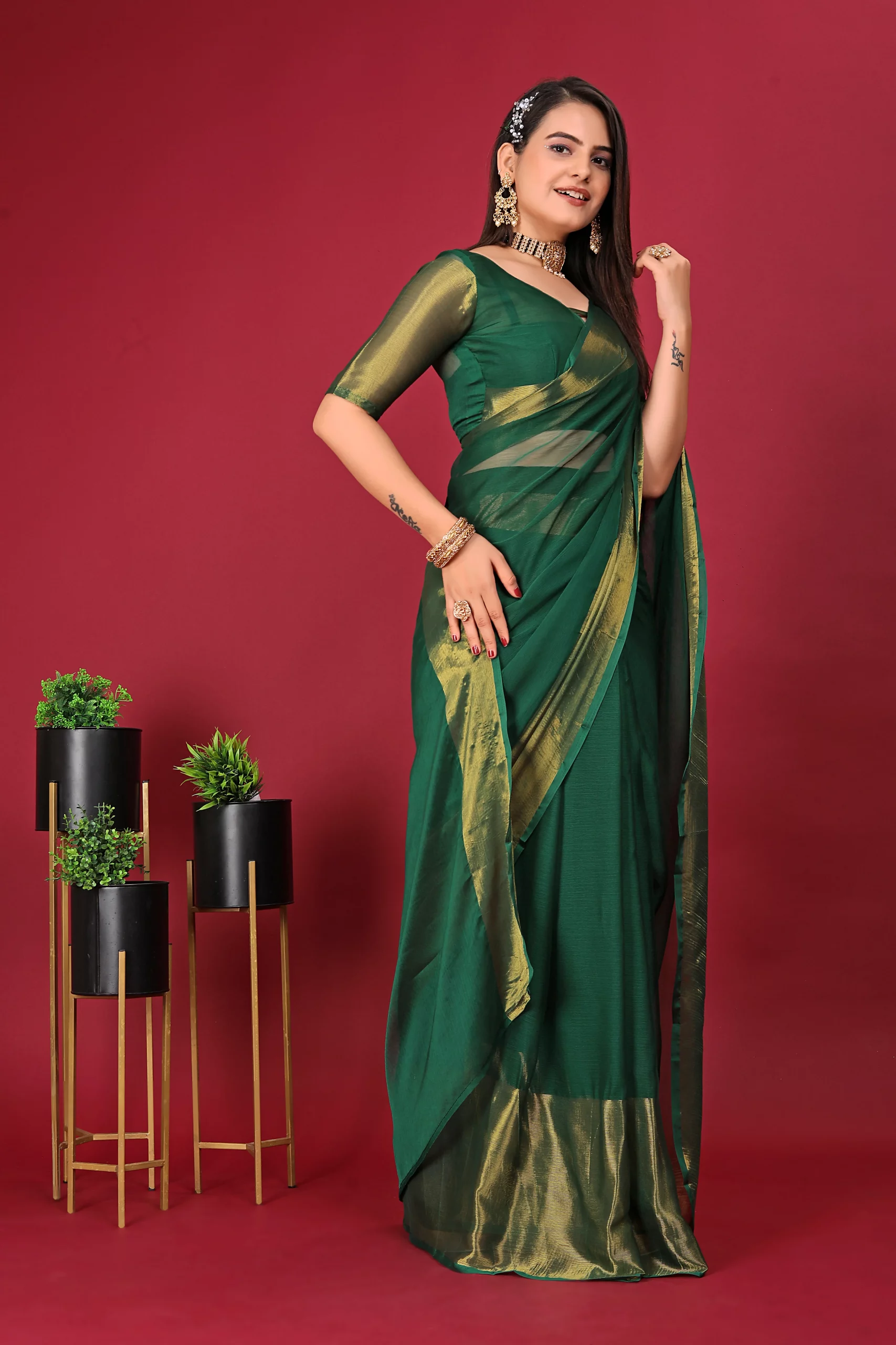 Pre Stitched 1-Min Ready To Wear Saree DARK GREEN In Premium Chiffon Silk With Zari Patta