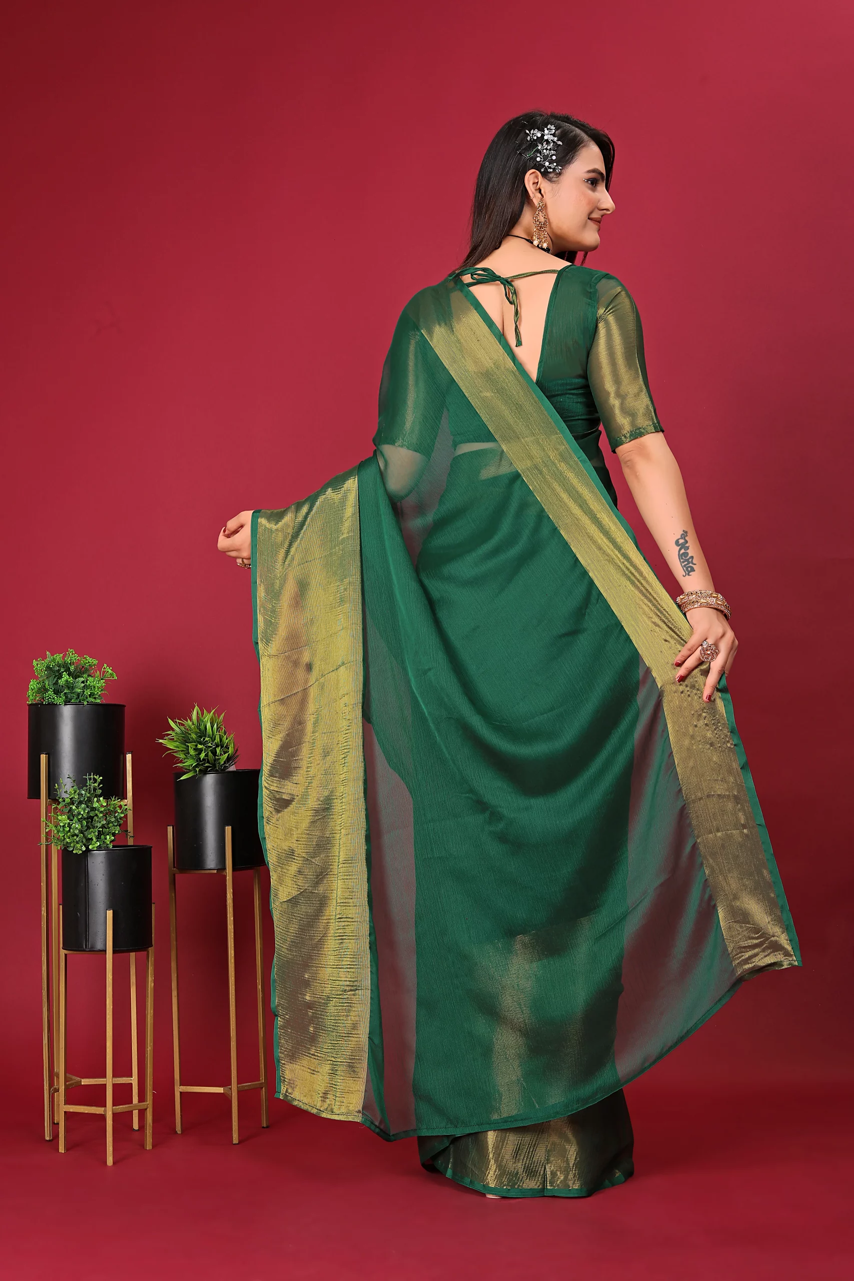 Pre Stitched 1-Min Ready To Wear Saree DARK GREEN In Premium Chiffon Silk With Zari Patta