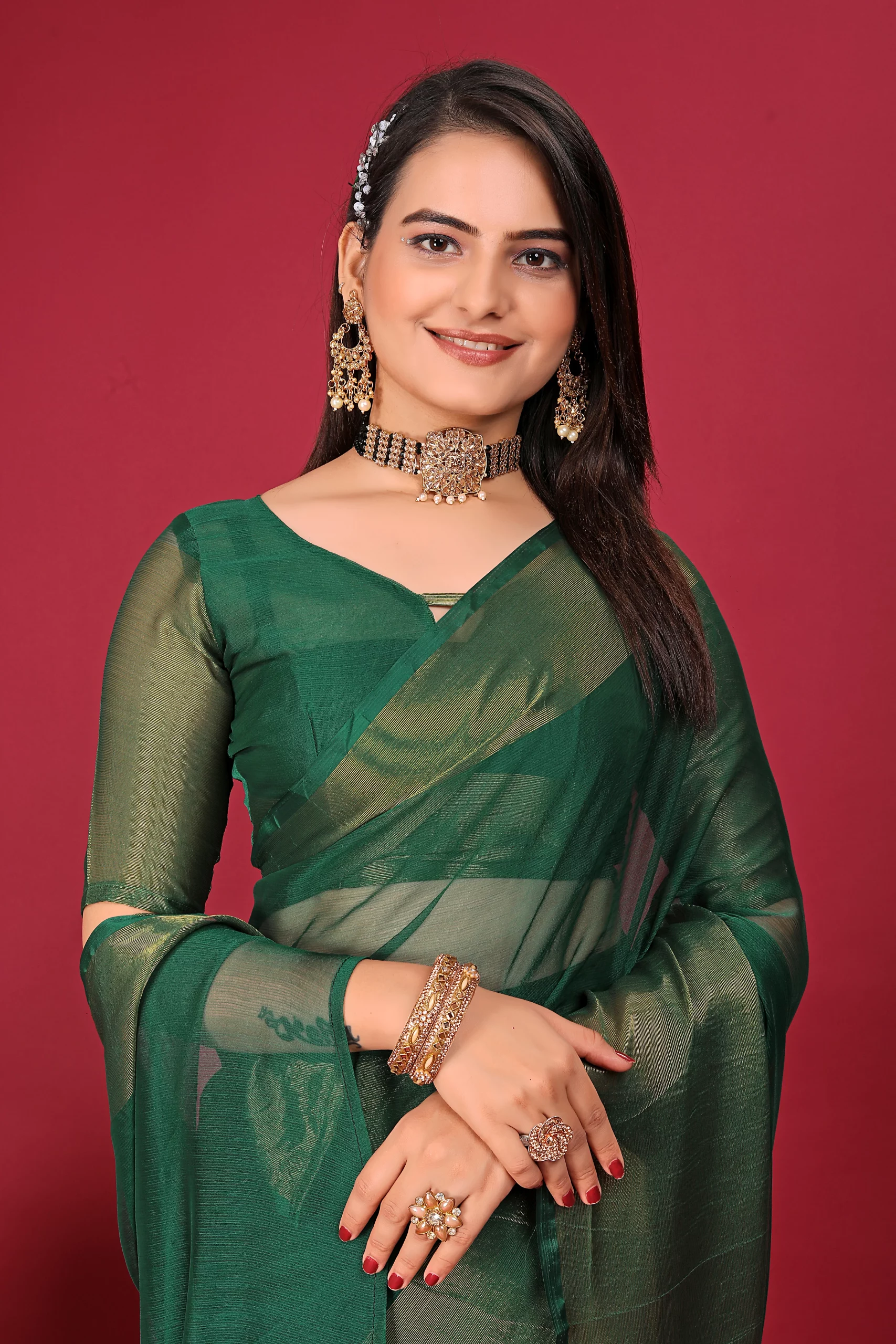 Pre Stitched 1-Min Ready To Wear Saree DARK GREEN In Premium Chiffon Silk With Zari Patta