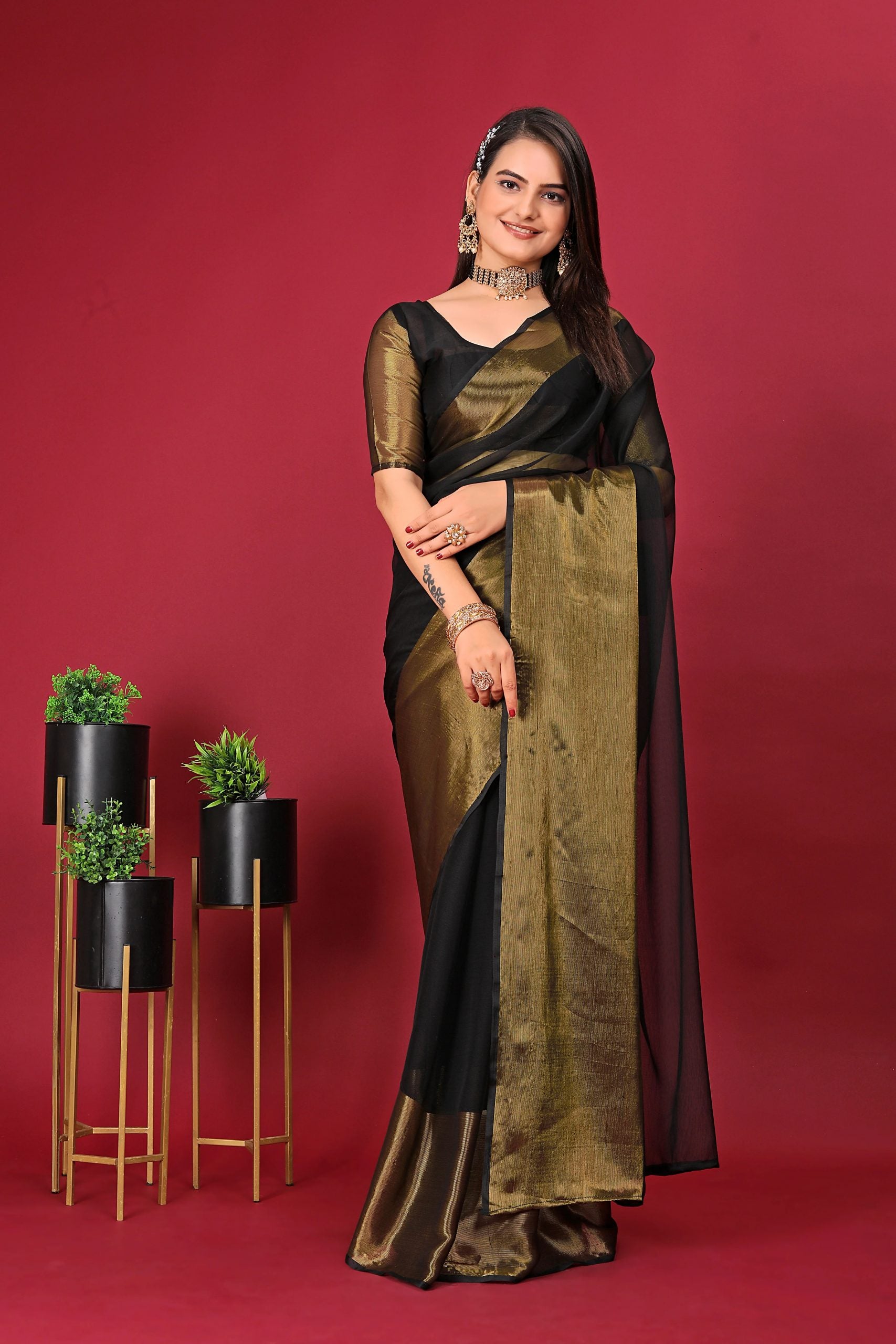 Pre Stitched 1-Min Ready To Wear Saree BLACK In Premium Chiffon Silk With Zari Patta