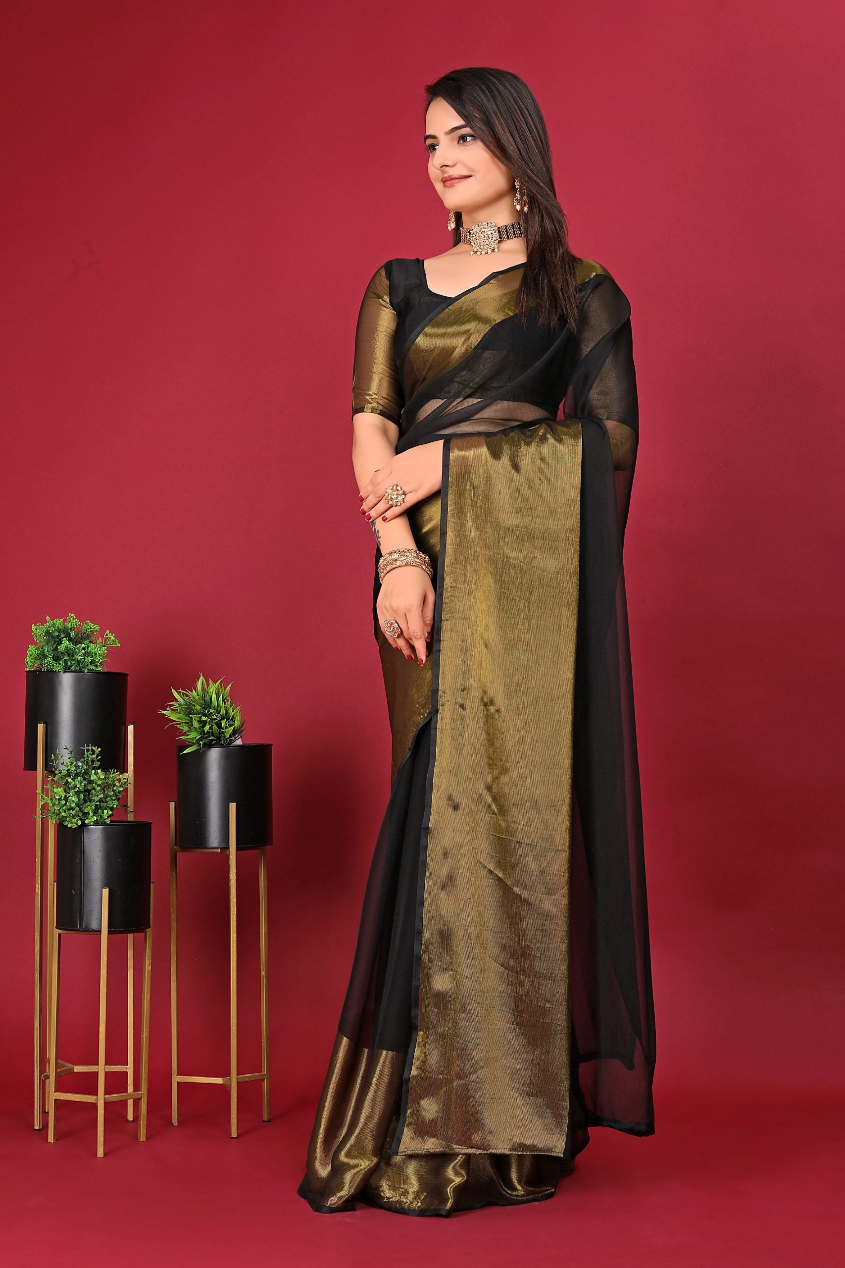 Pre Stitched 1-Min Ready To Wear Saree BLACK In Premium Chiffon Silk With Zari Patta