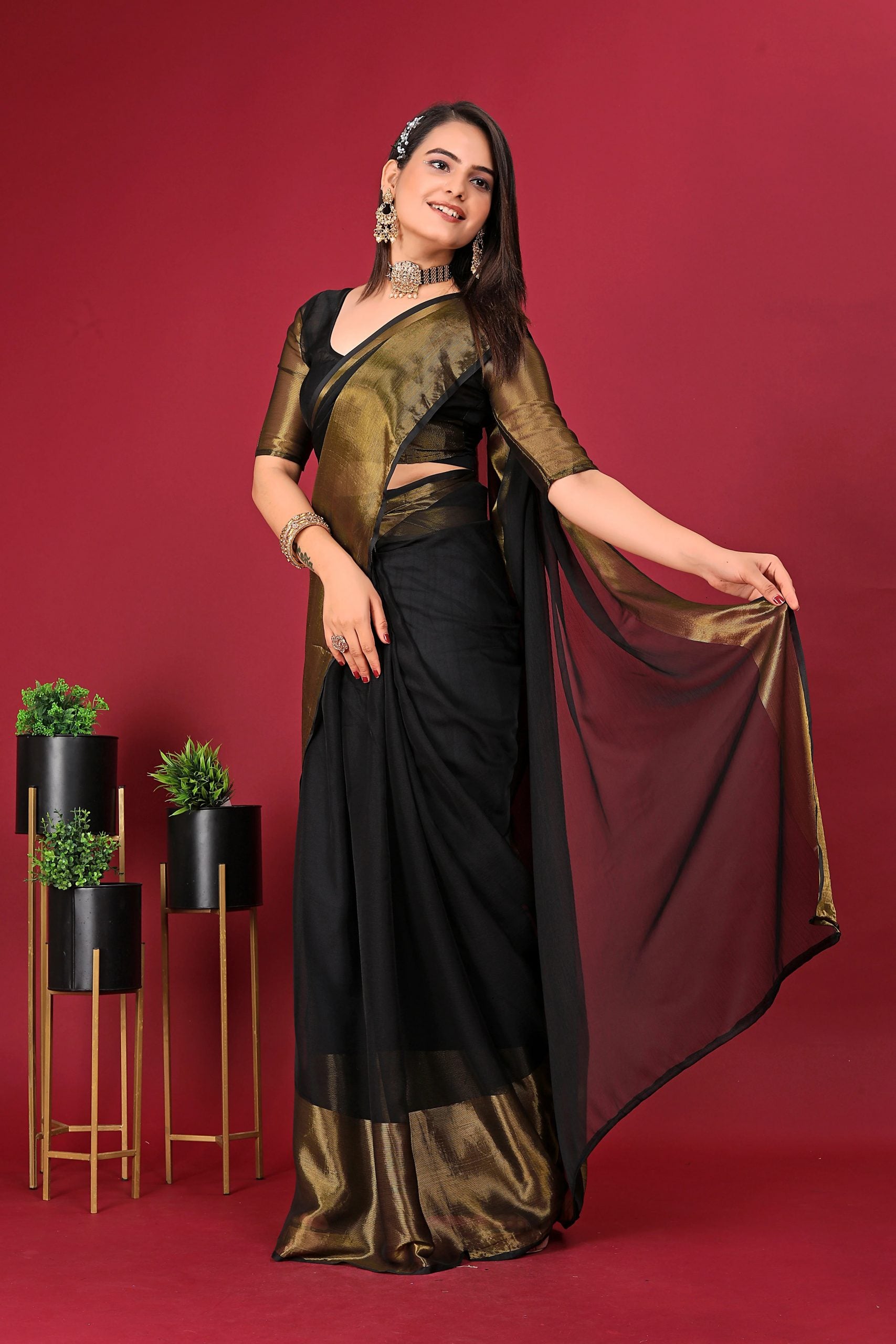 Pre Stitched 1-Min Ready To Wear Saree BLACK In Premium Chiffon Silk With Zari Patta