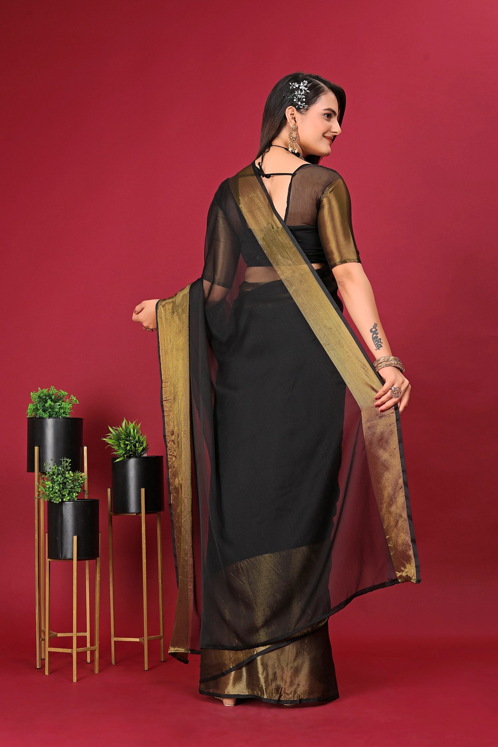 Pre Stitched 1-Min Ready To Wear Saree BLACK In Premium Chiffon Silk With Zari Patta