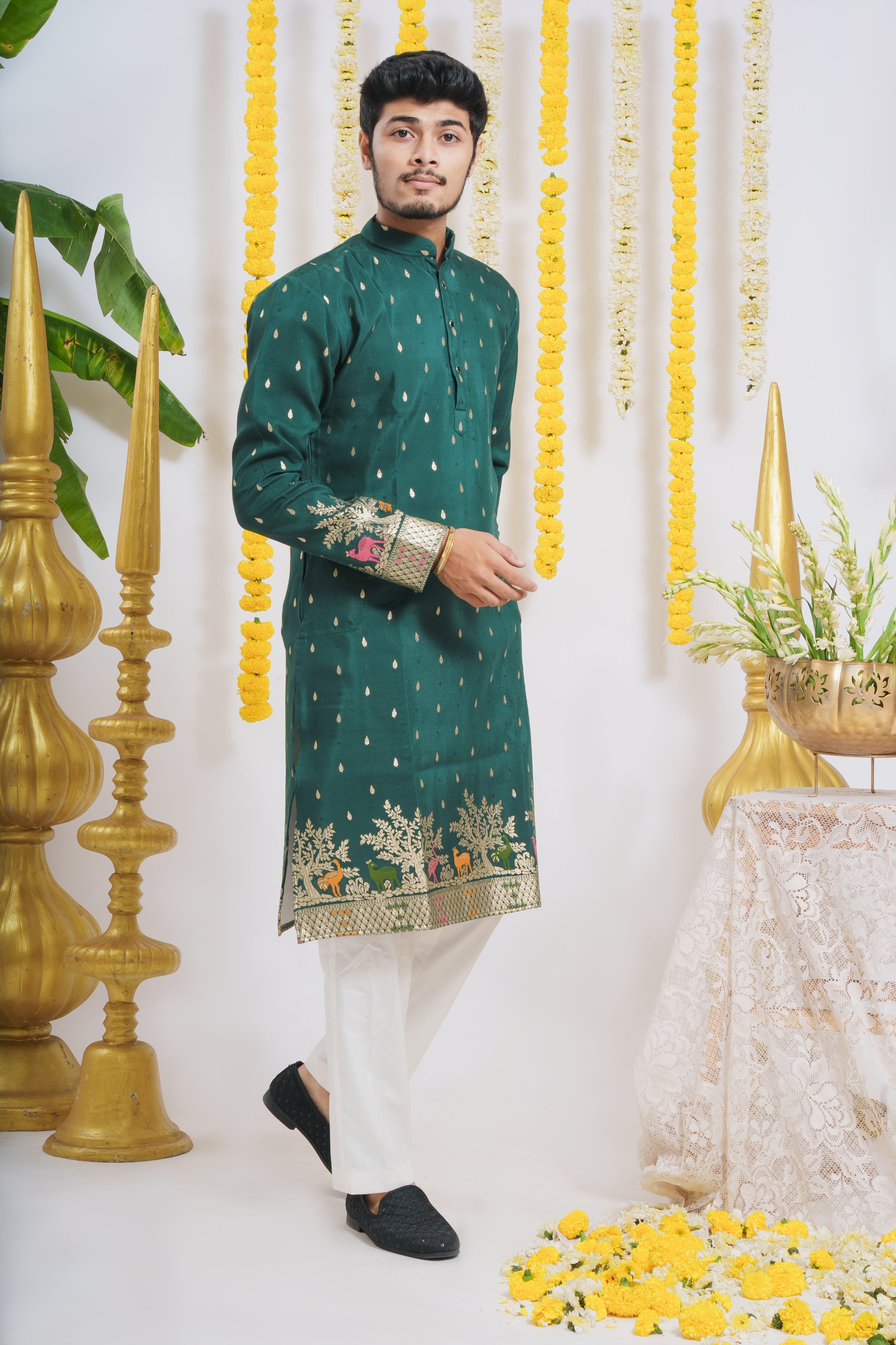 DARK GREEN ANIMAL PATTERN JACQUARD DESIGNER KURTA