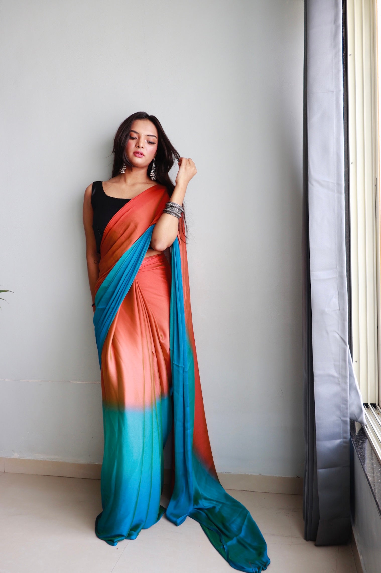 1 MIN Ready To Wear Orange-Sky Blue Dual shade Saree - Sunset Sky