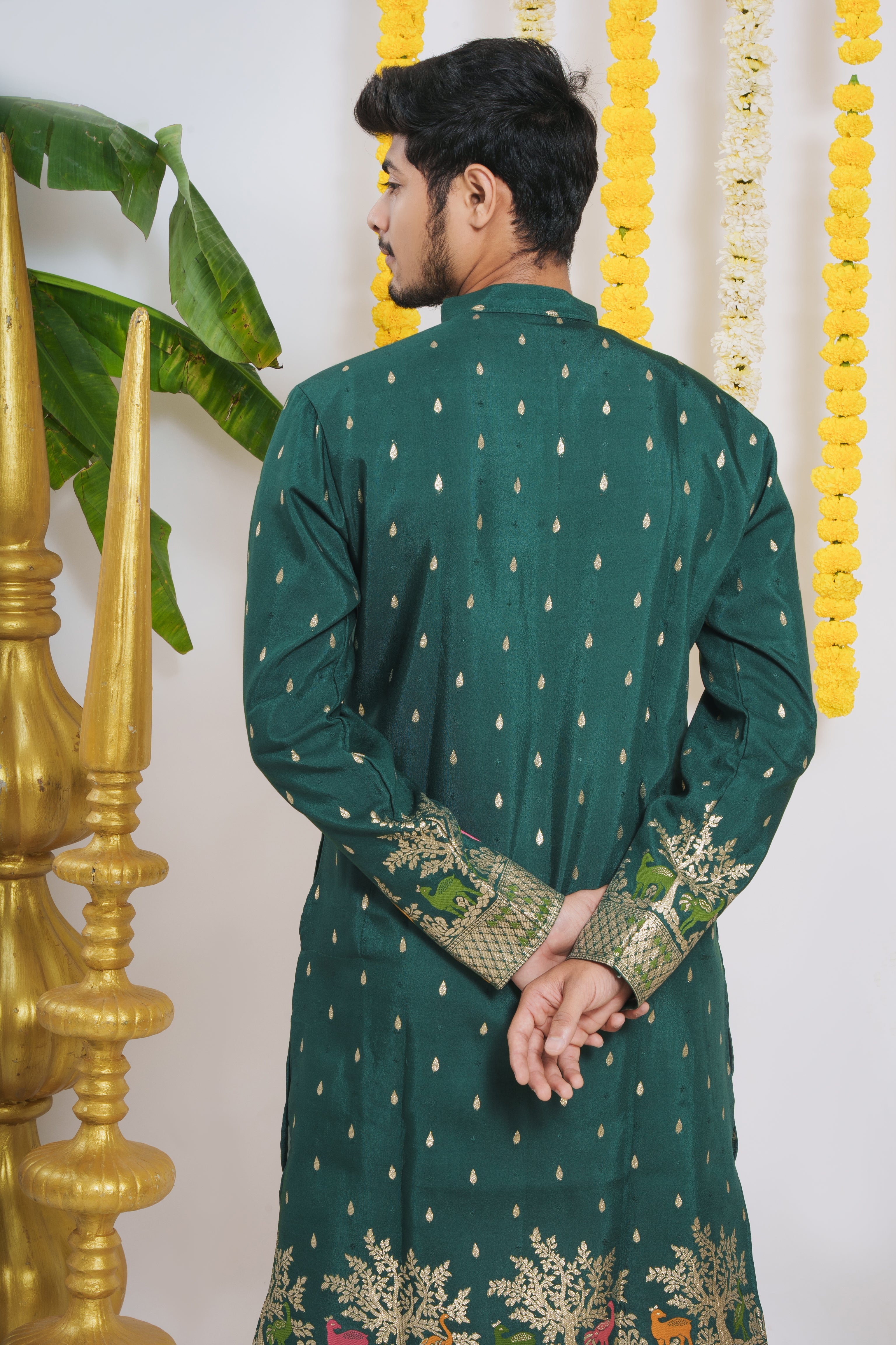 DARK GREEN ANIMAL PATTERN JACQUARD DESIGNER KURTA