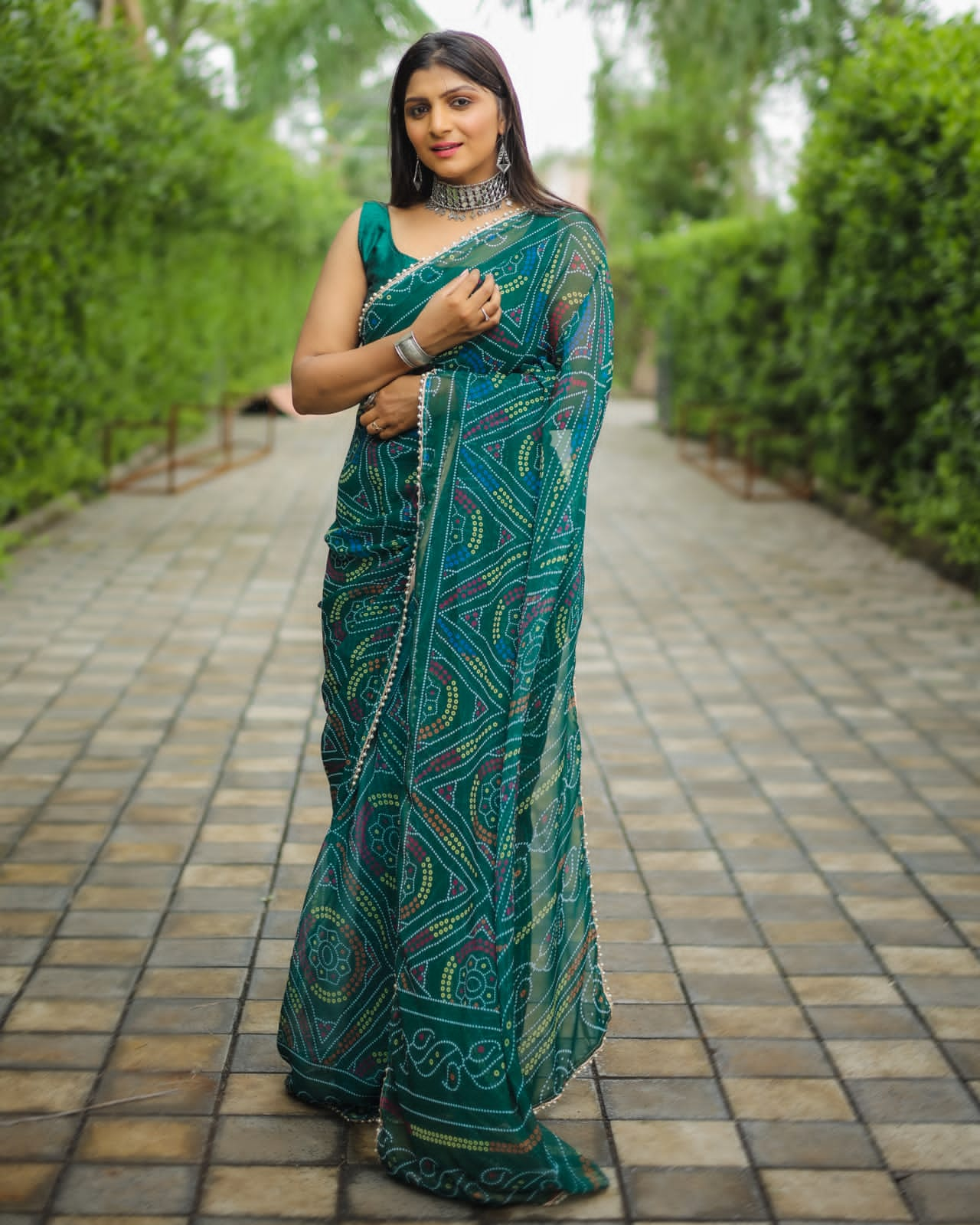 1 MIN Ready To Wear Teal Bandhani Saree - Mayavati