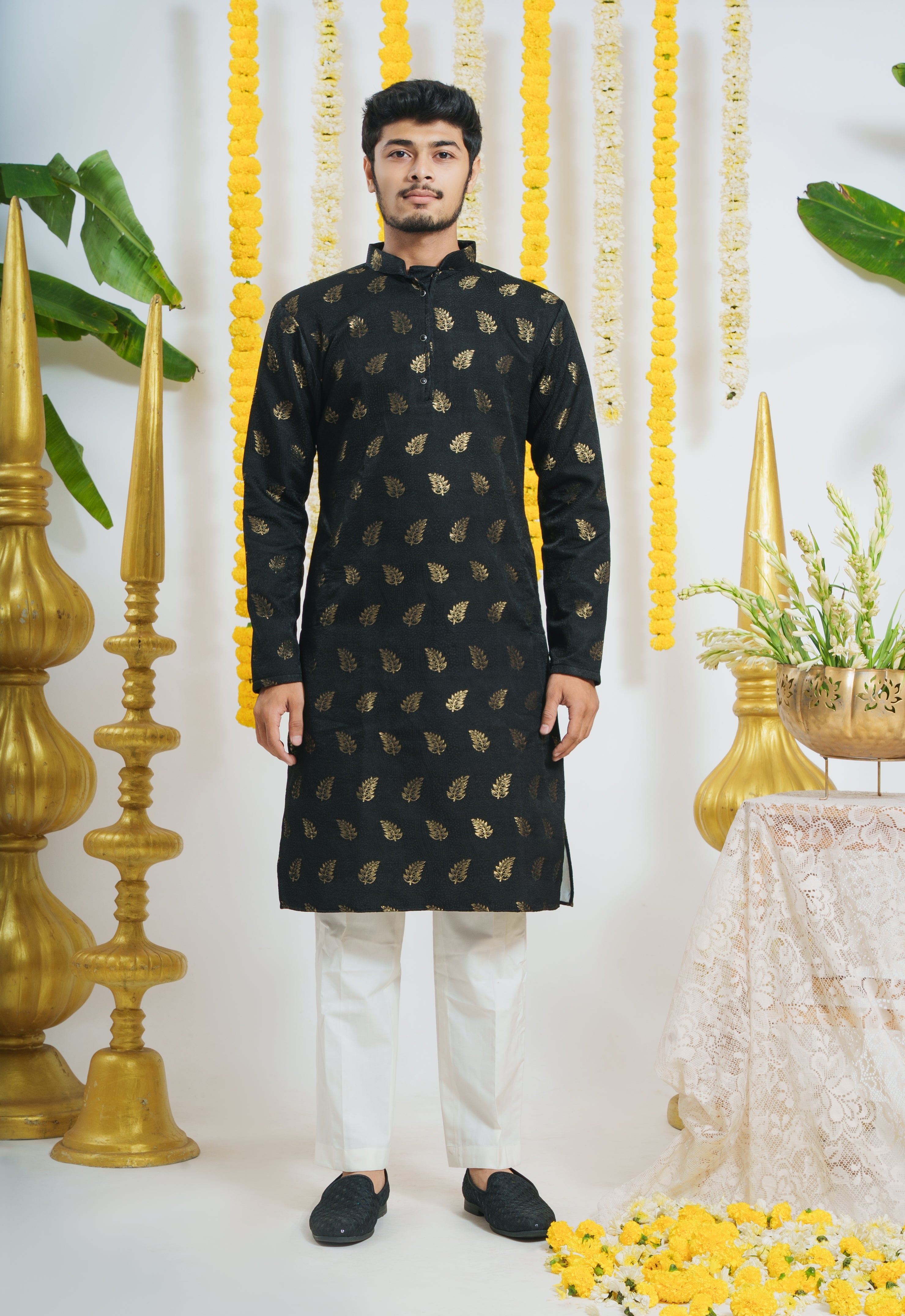 Black Pankh WIth Golden Leaves Designer Kurta