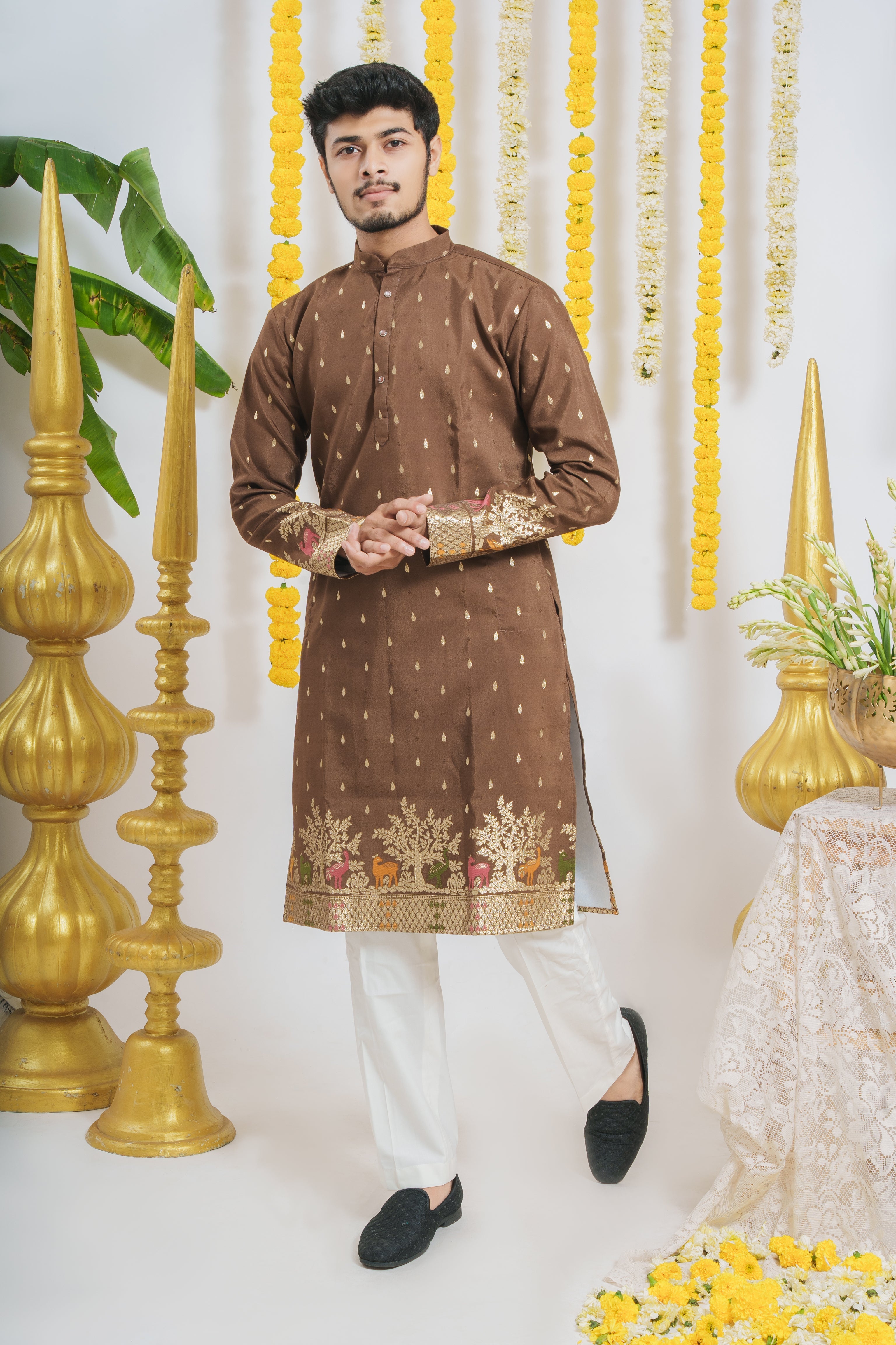 BROWN ANIMAL PATTERN JACQUARD DESIGNER KURTA