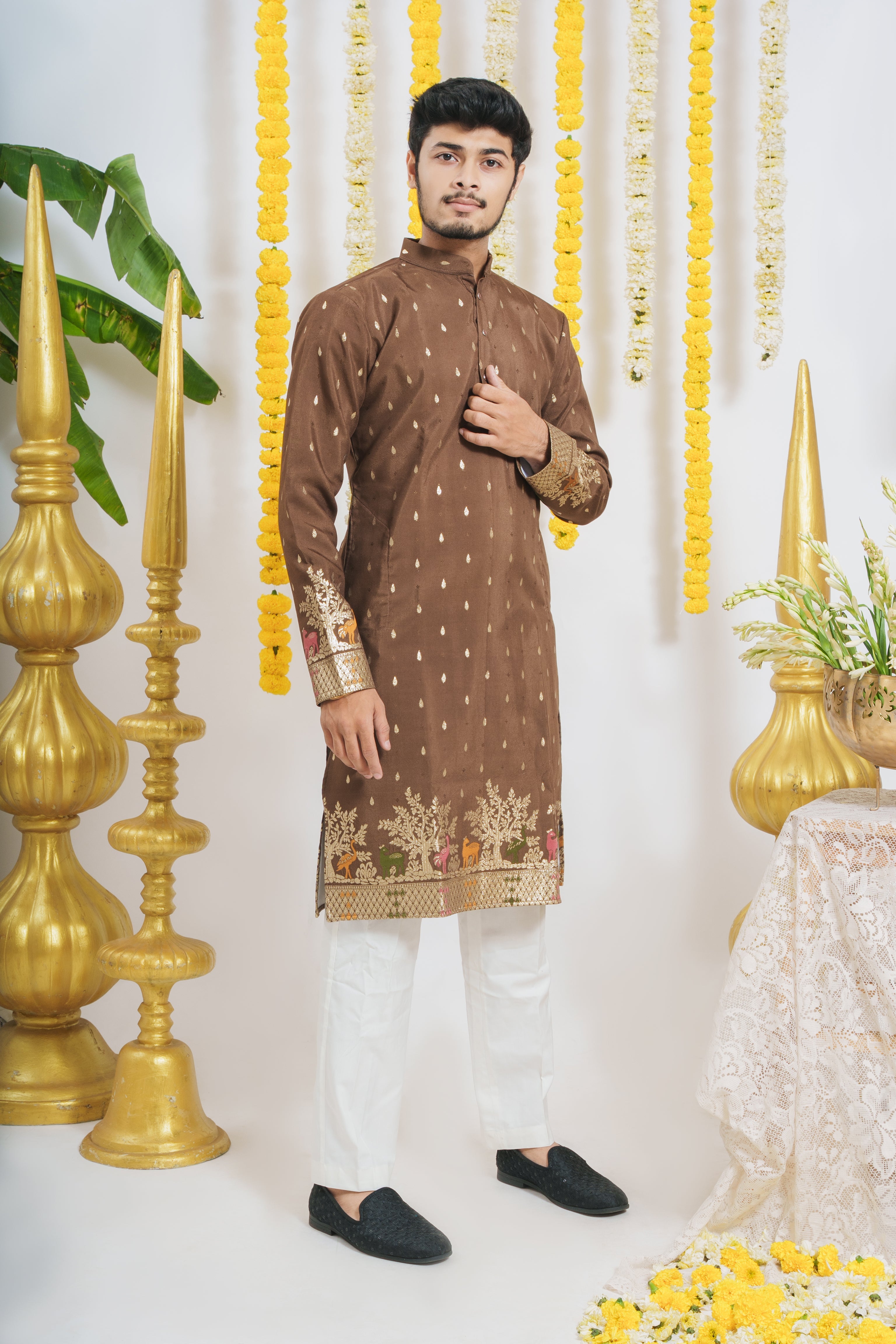 BROWN ANIMAL PATTERN JACQUARD DESIGNER KURTA