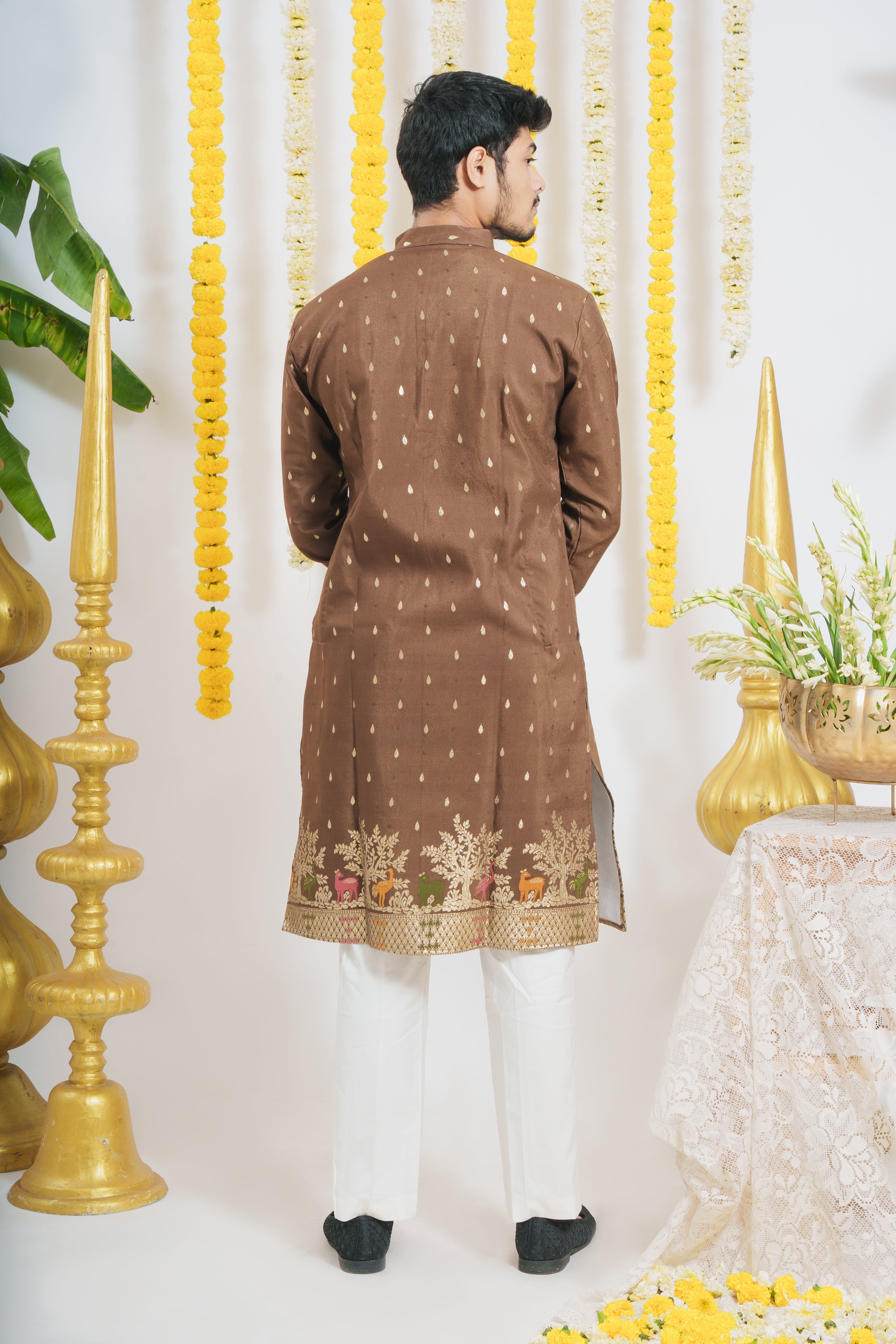 BROWN ANIMAL PATTERN JACQUARD DESIGNER KURTA