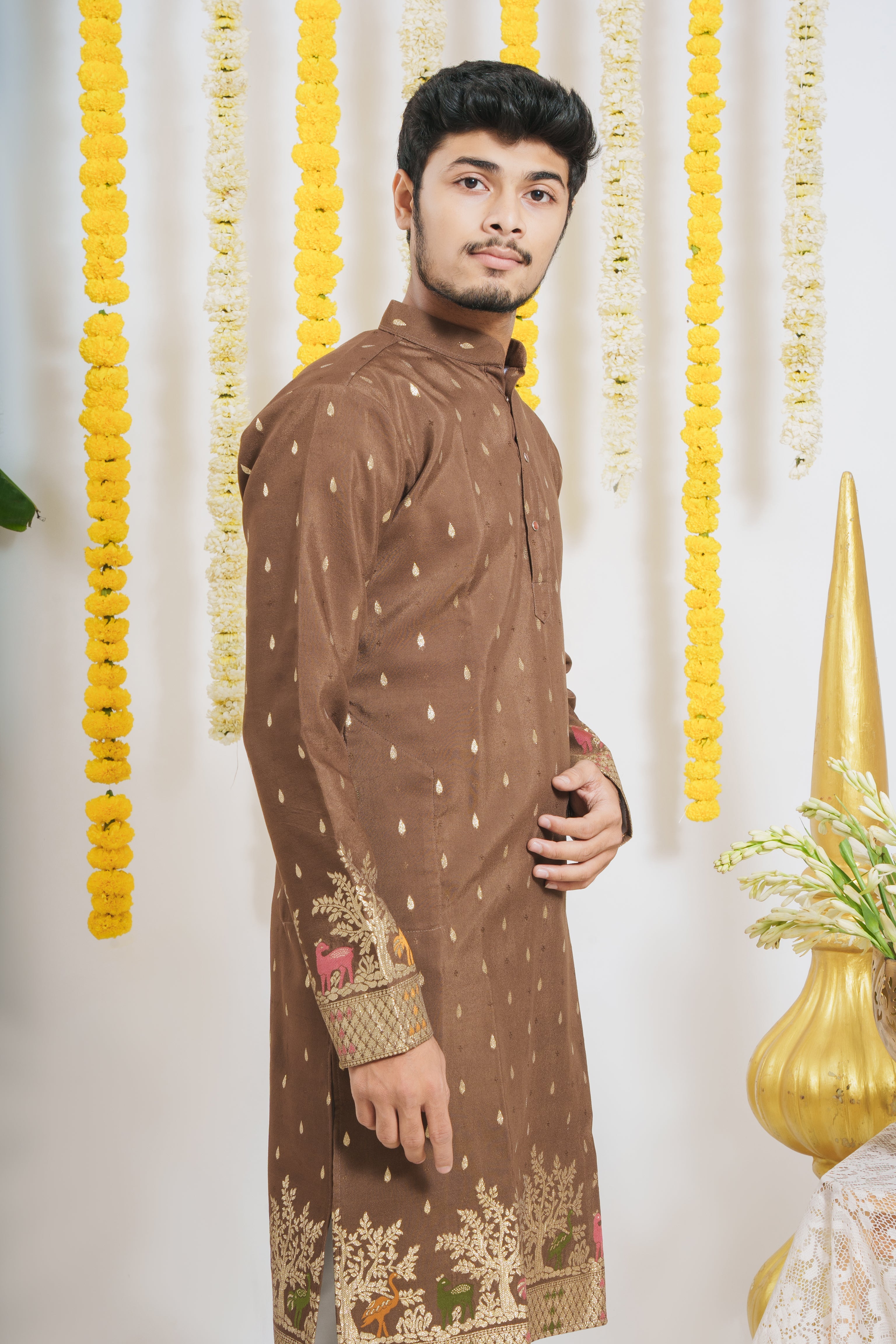 BROWN ANIMAL PATTERN JACQUARD DESIGNER KURTA