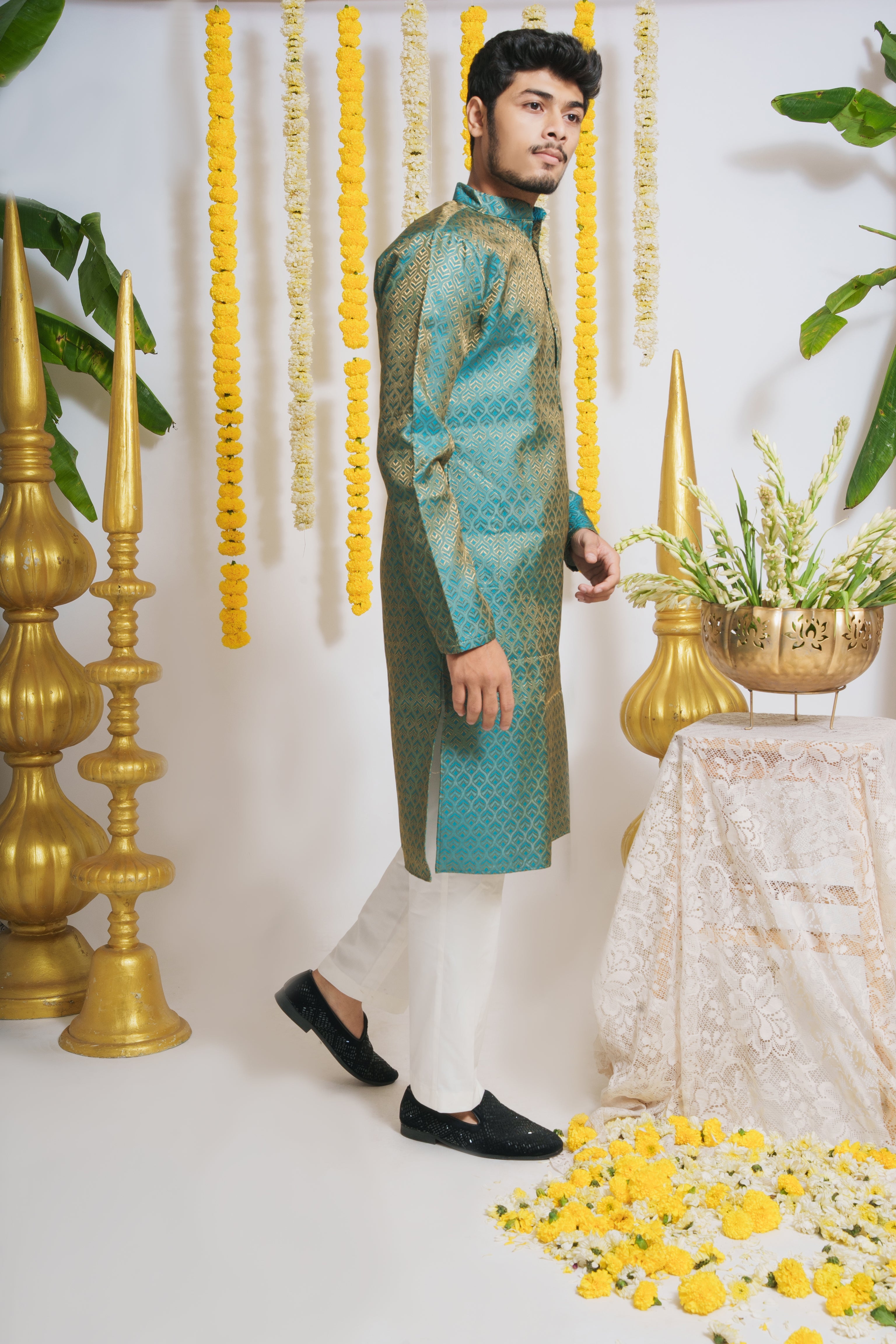 Firozi Golden Leaves Pattern Men's Designer Kurta