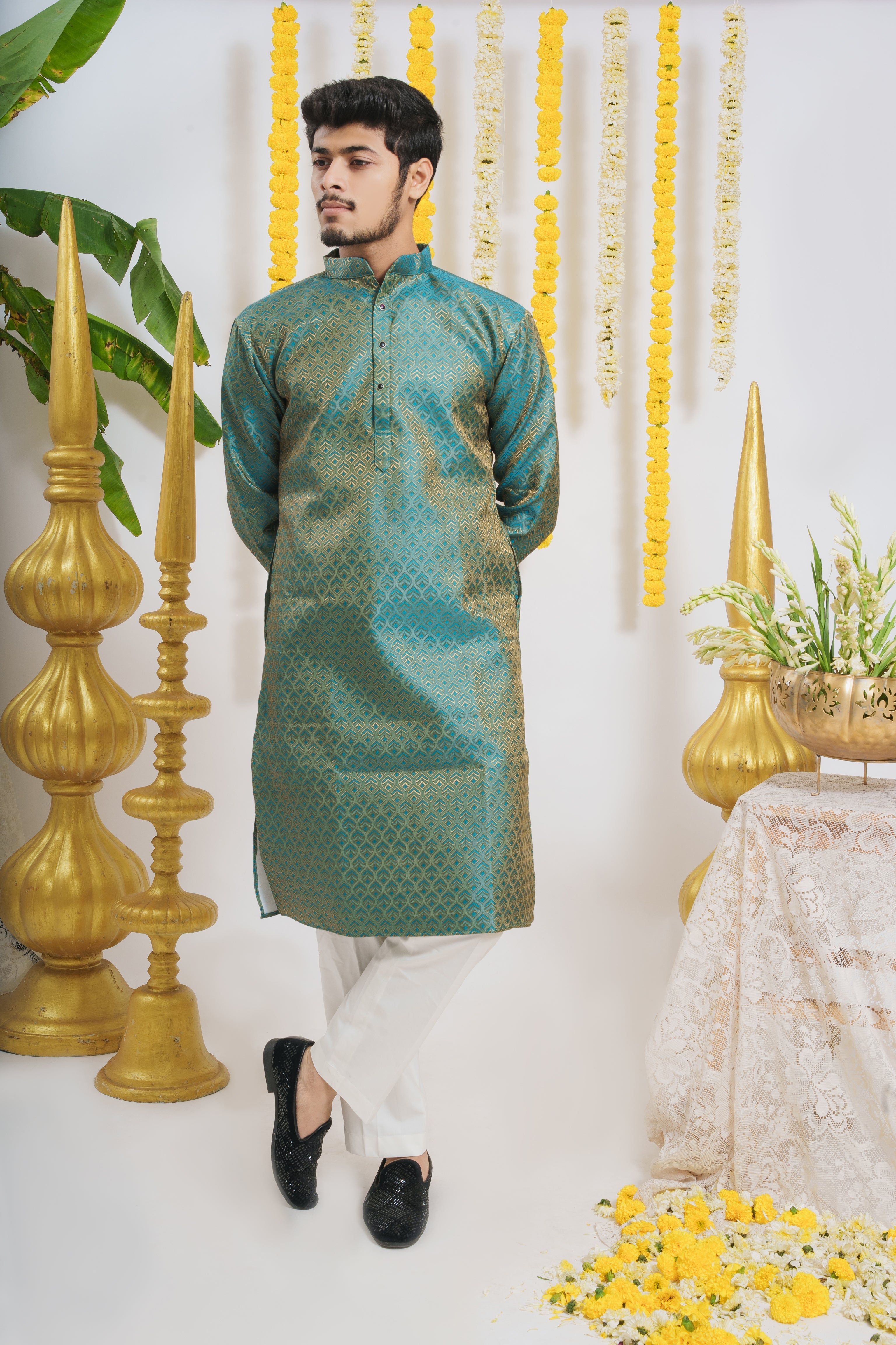 Firozi Golden Leaves Pattern Men's Designer Kurta