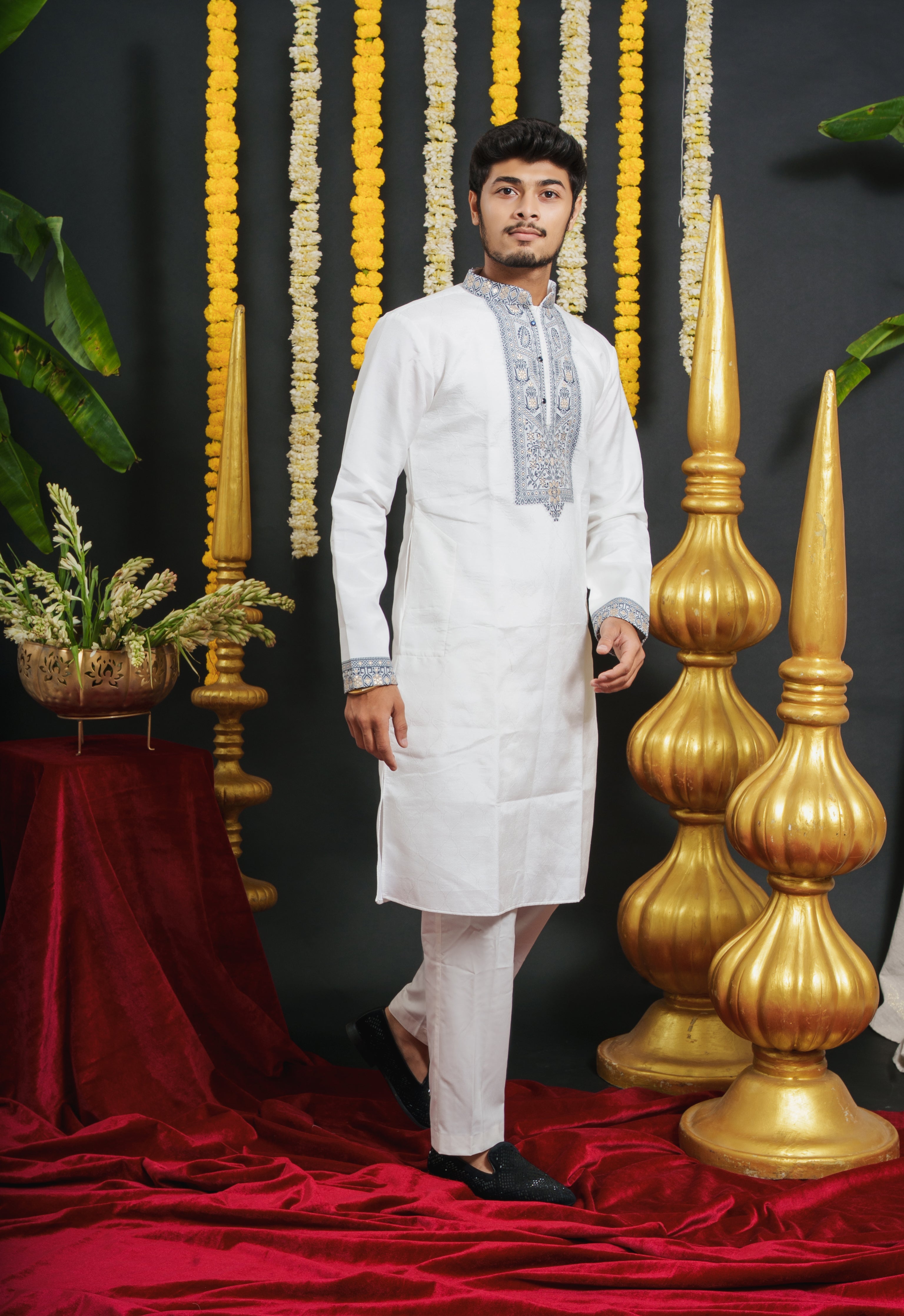 White Monogram Blue Floral Neck Jacquard Designer Kurta