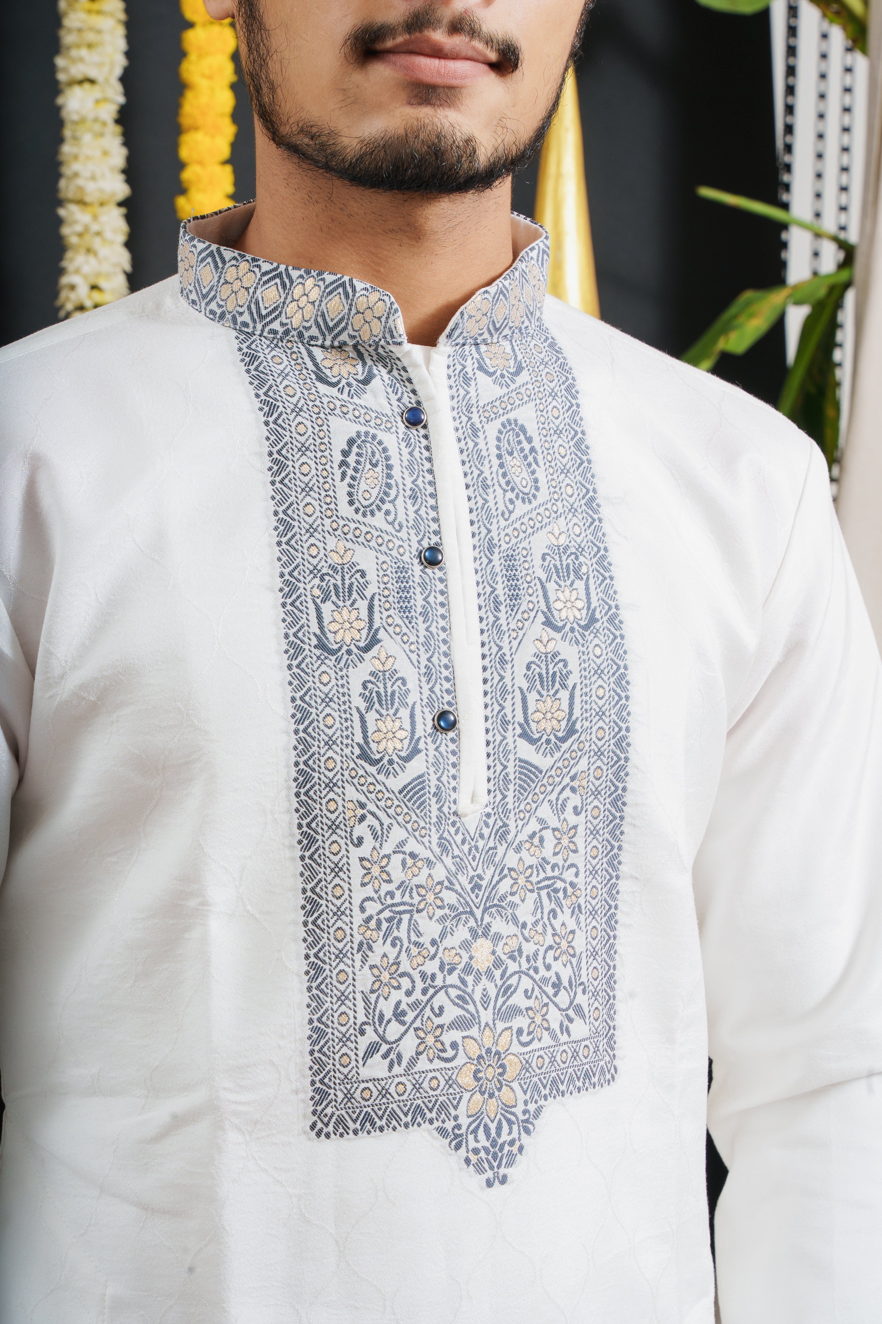 White Monogram Blue Floral Neck Jacquard Designer Kurta