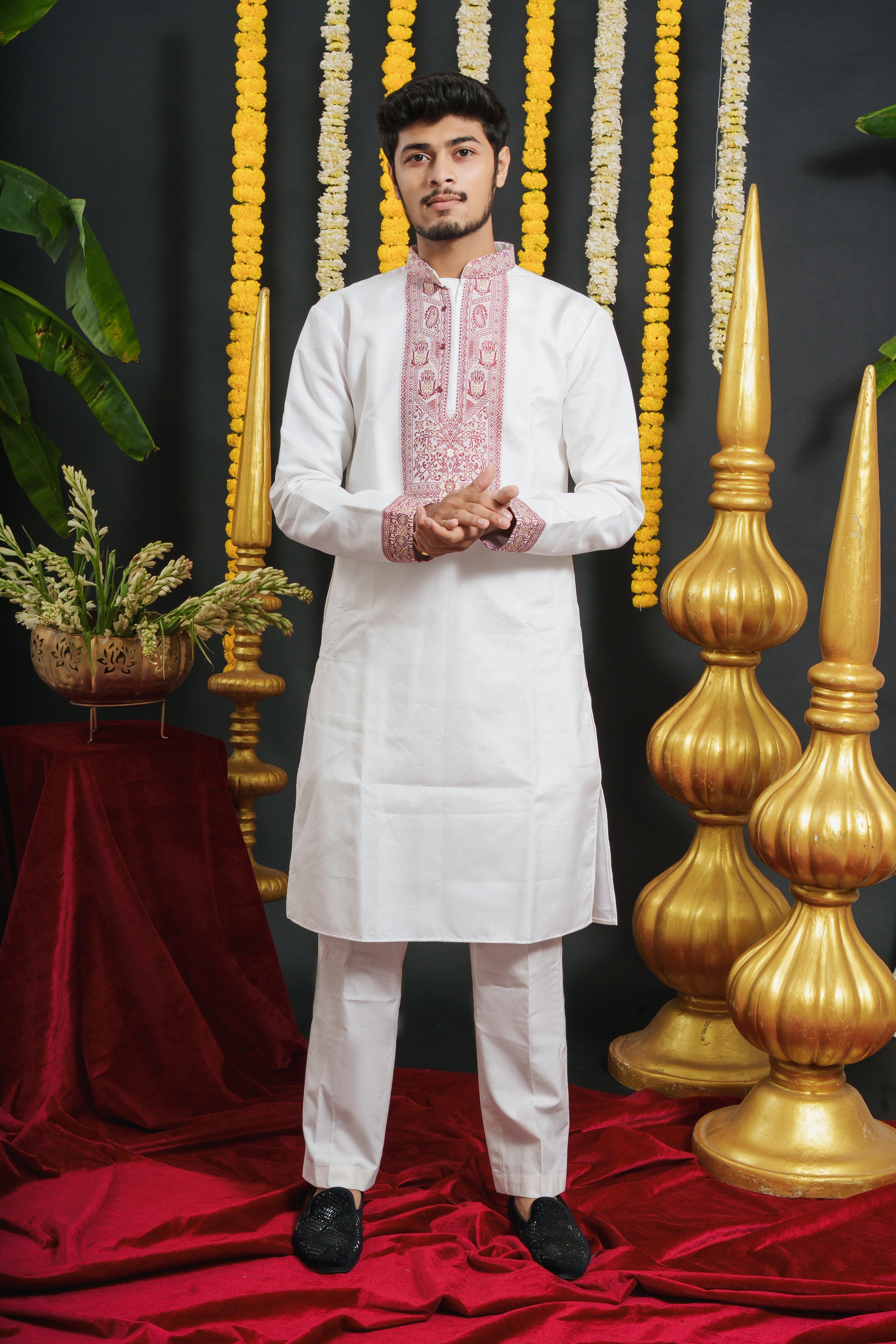 White Monogram Red Floral Neck Jacquard Designer Kurta