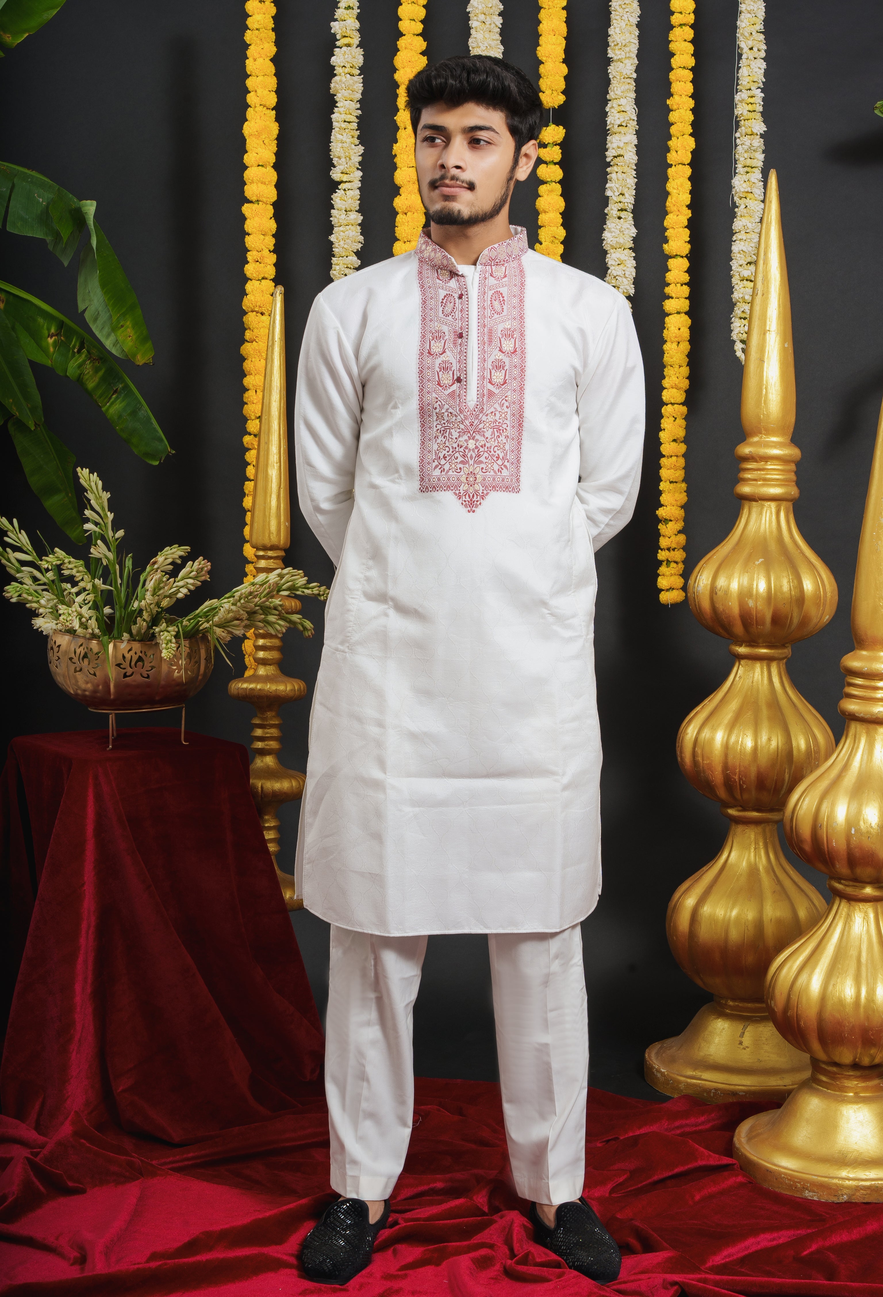 White Monogram Red Floral Neck Jacquard Designer Kurta