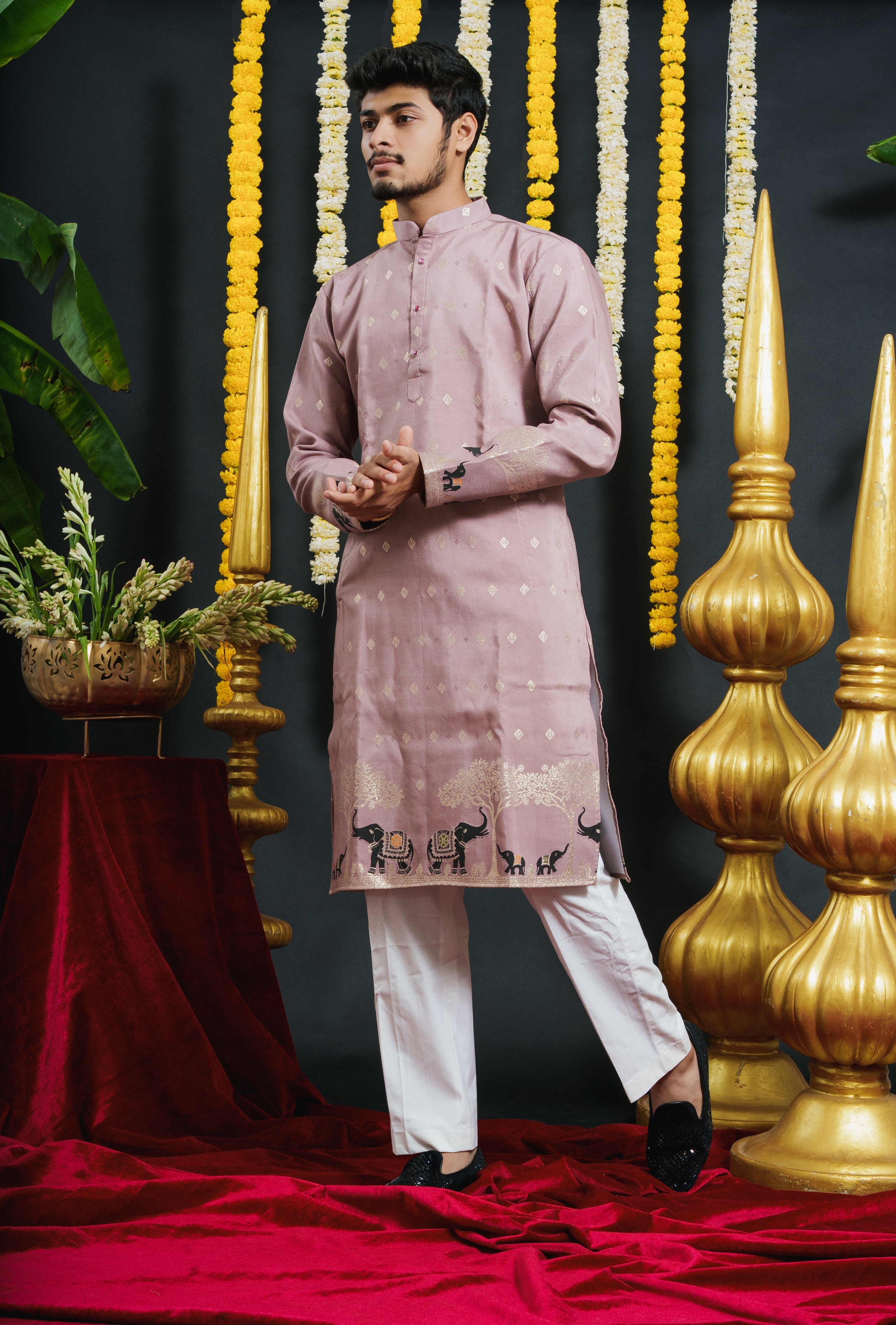 ONION PINK ELEPHANT PATTERN JACQUARD DESIGNER KURTA