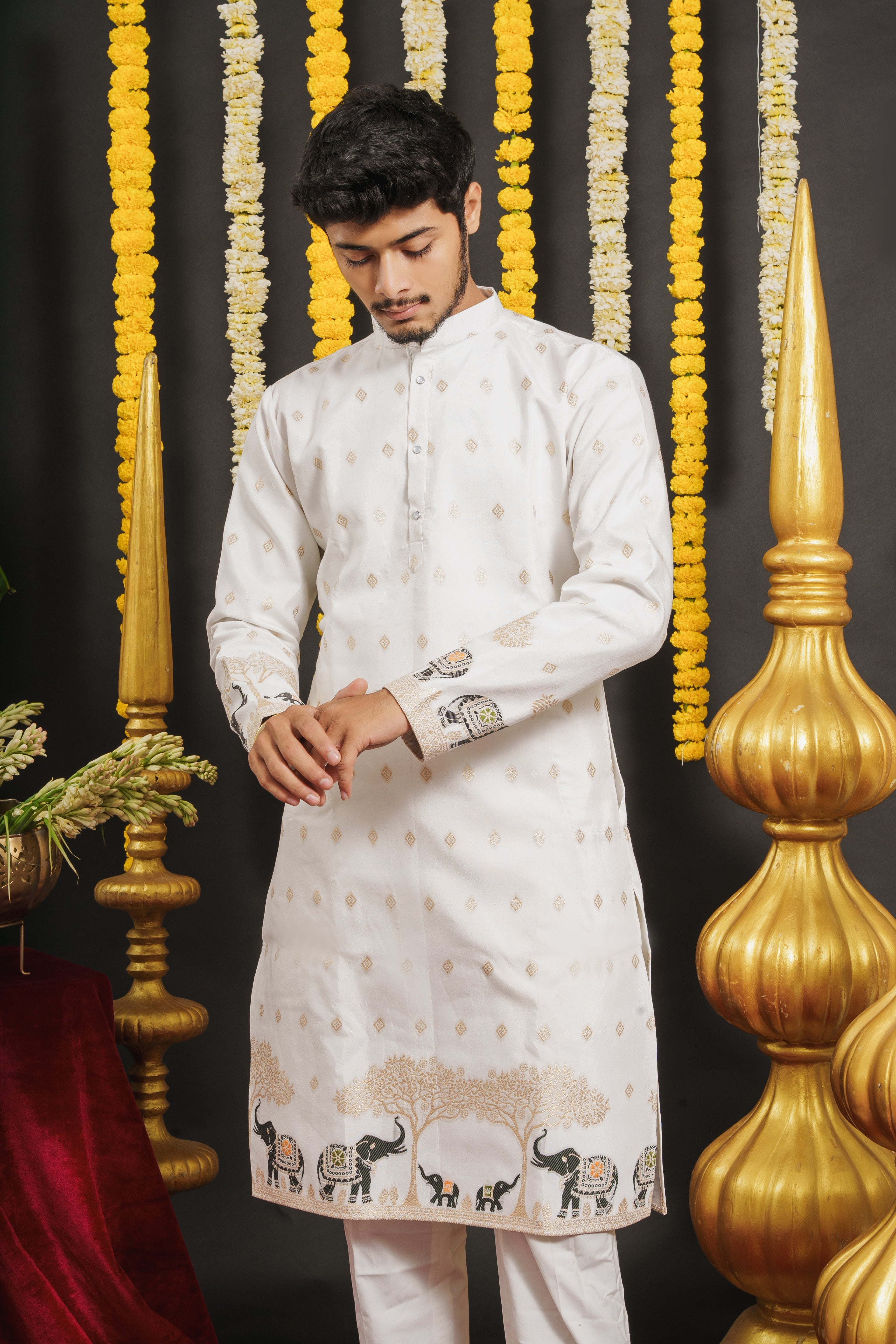 WHITE ELEPHANT PATTERN JACQUARD DESIGNER KURTA