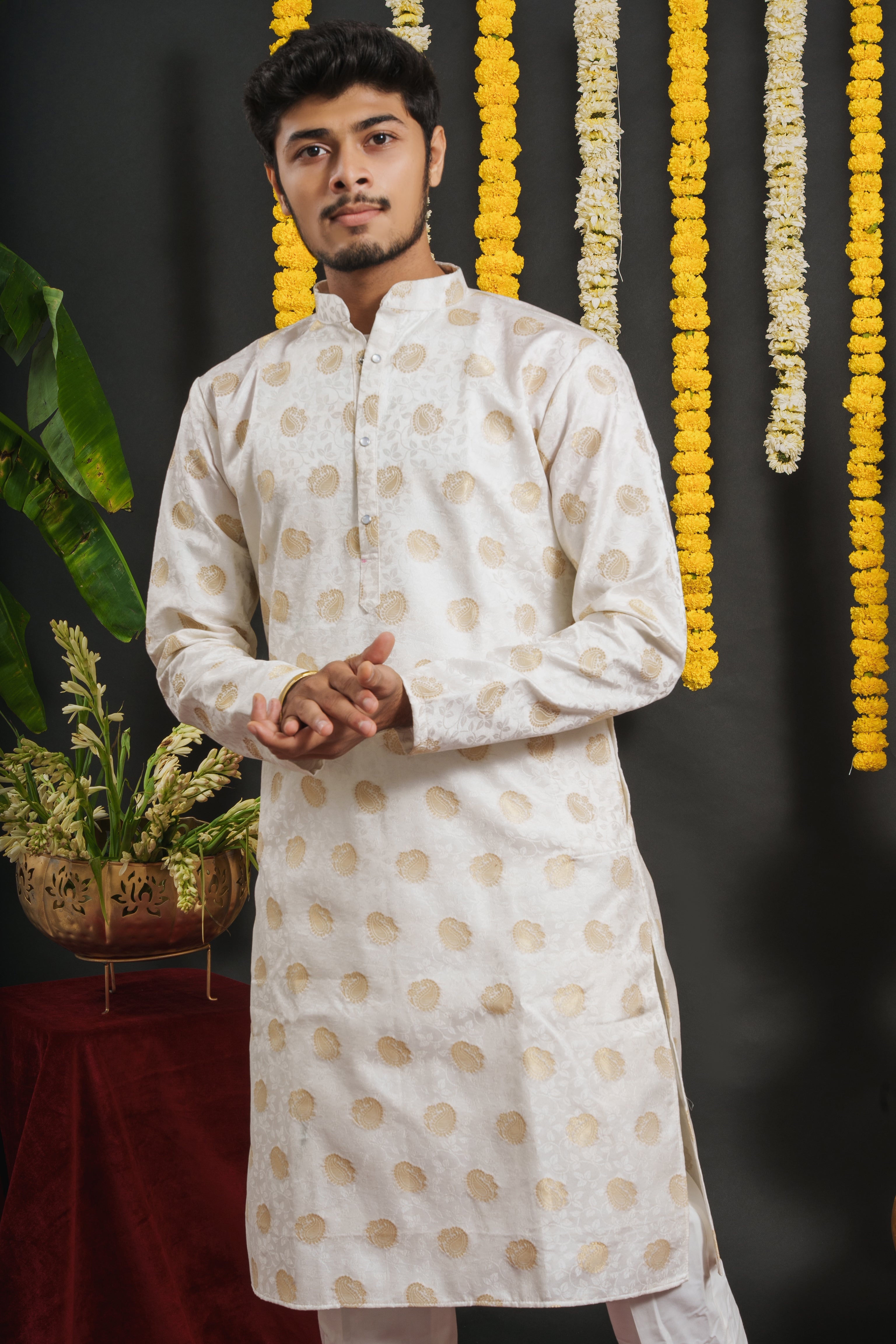 WHITE GOLDEN KERI SELECTED JACQUARD DESIGNER KURTA