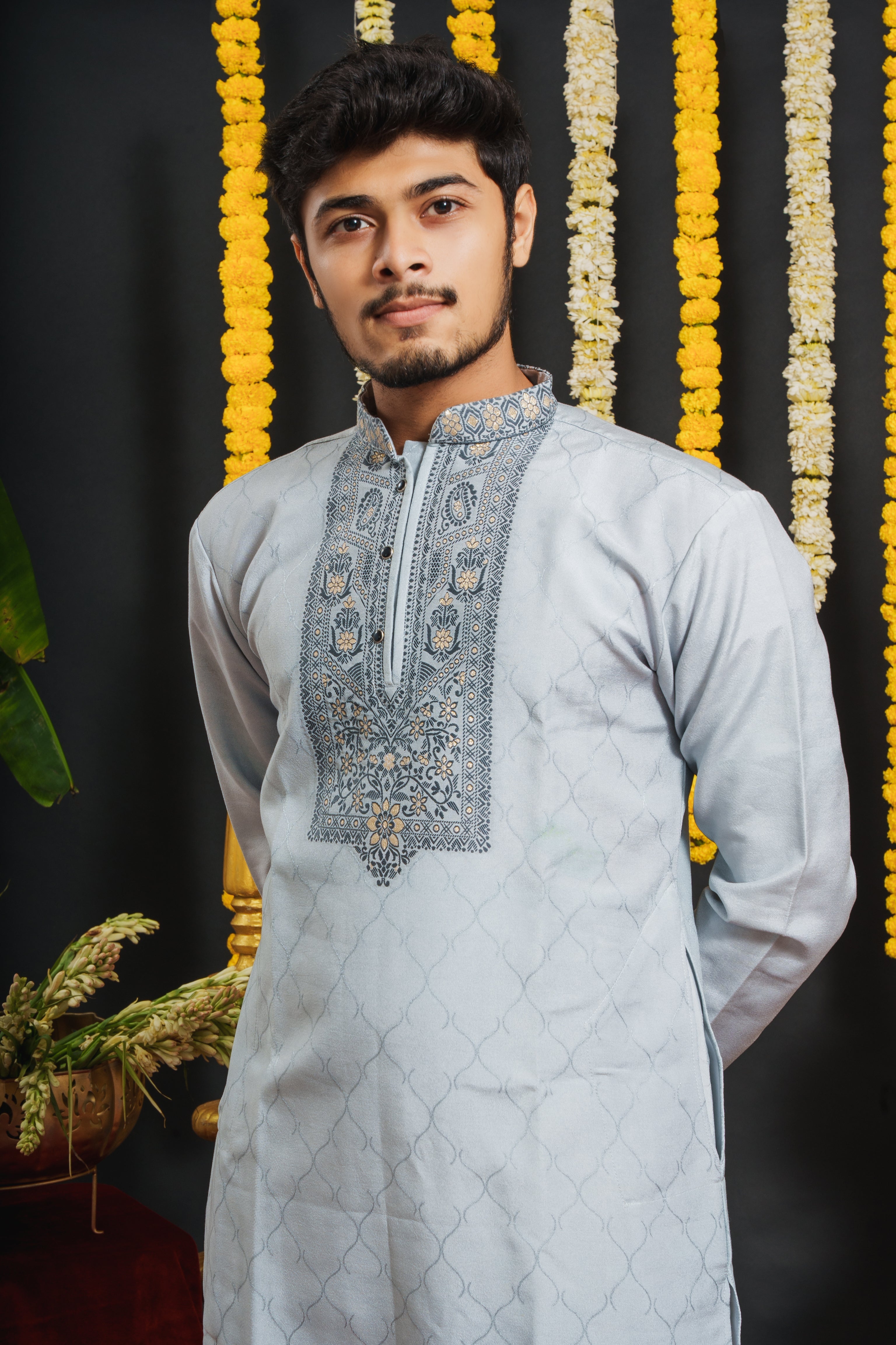 Sky Blue Monogram Blue Floral Neck Jacquard Designer Kurta