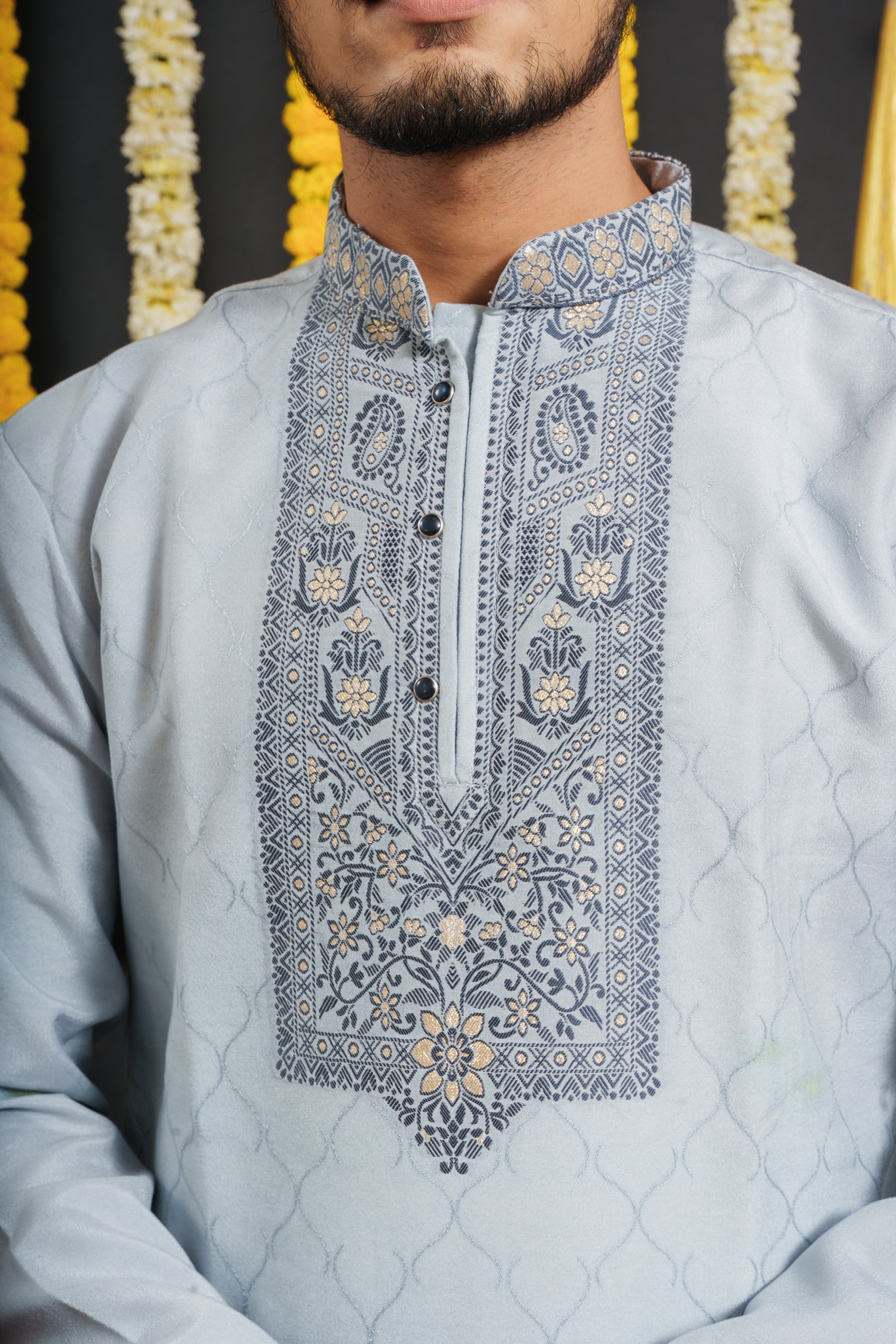 Sky Blue Monogram Blue Floral Neck Jacquard Designer Kurta