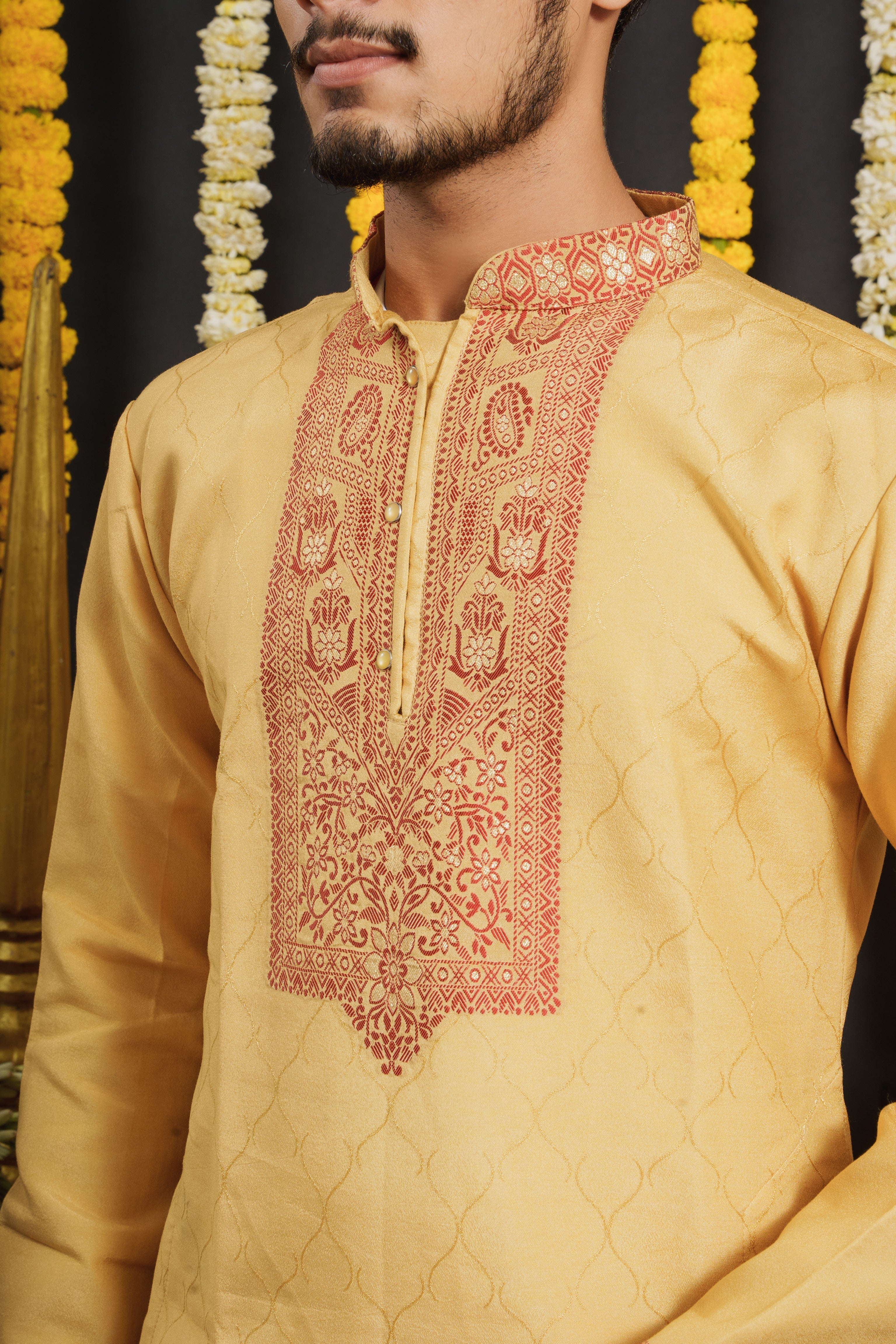 Yellow Monogram Red Floral Neck Jacquard Designer Kurta