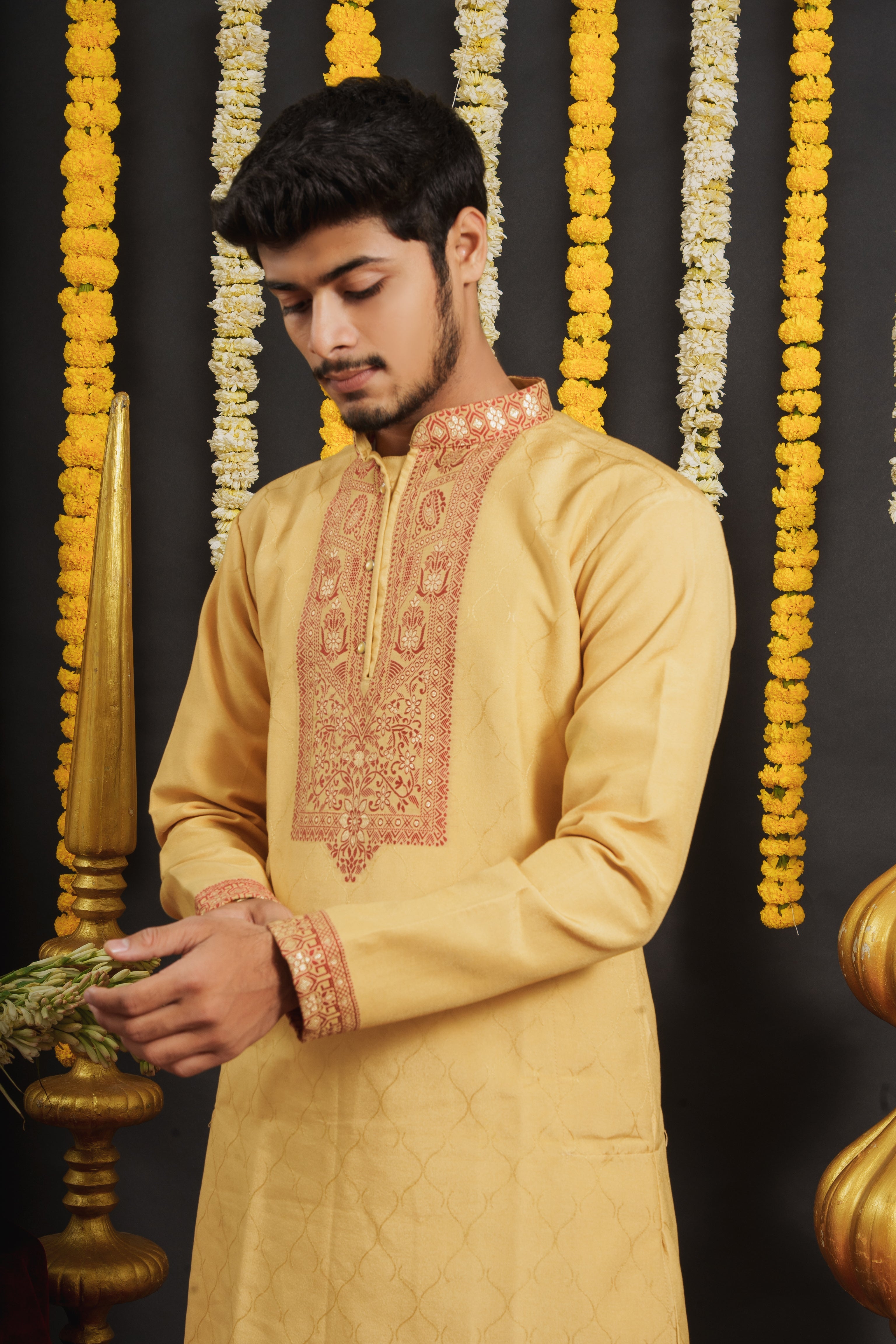 Yellow Monogram Red Floral Neck Jacquard Designer Kurta