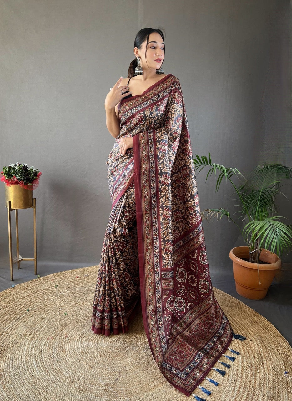 Black Krishna Ajrakh printed saree
