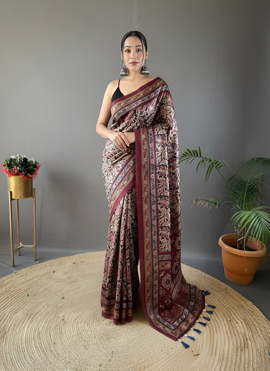 Black Krishna Ajrakh printed saree