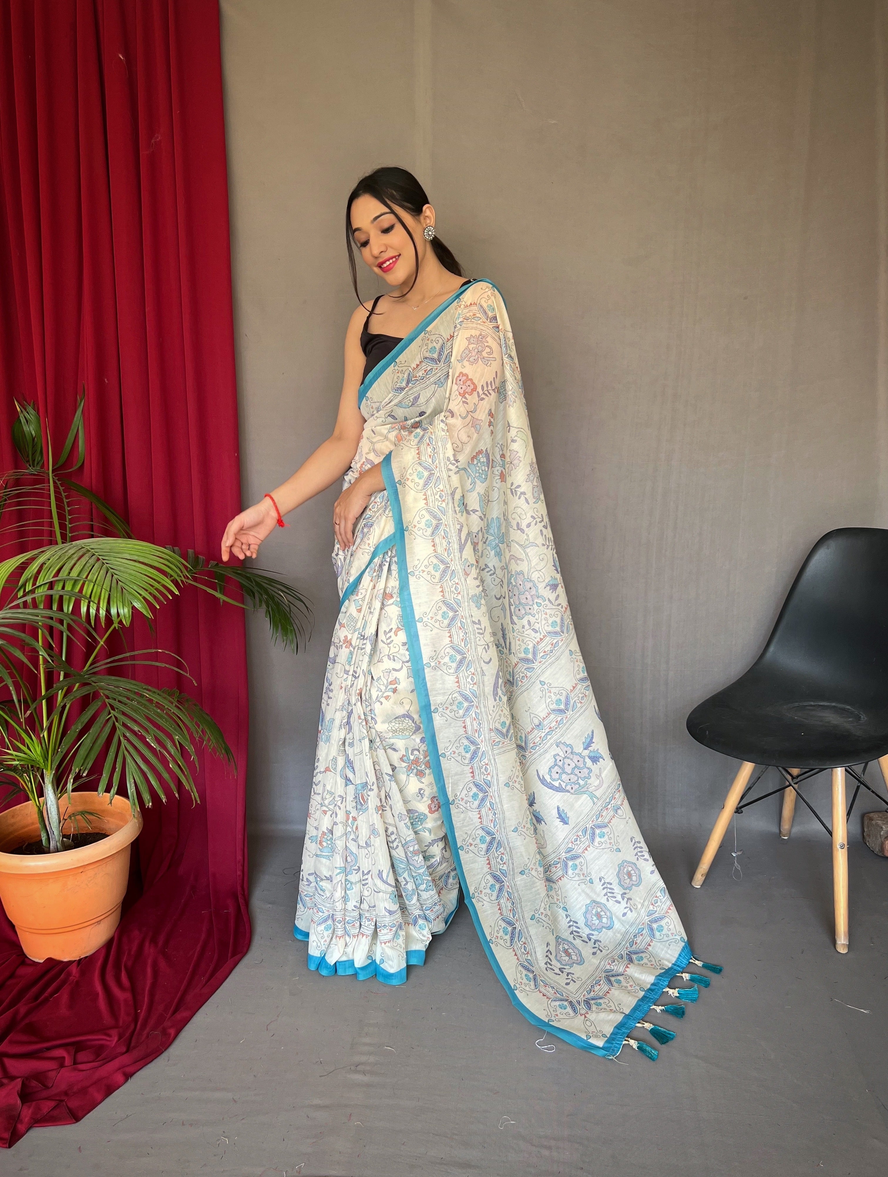 Blue Cotton Katha Printed Saree