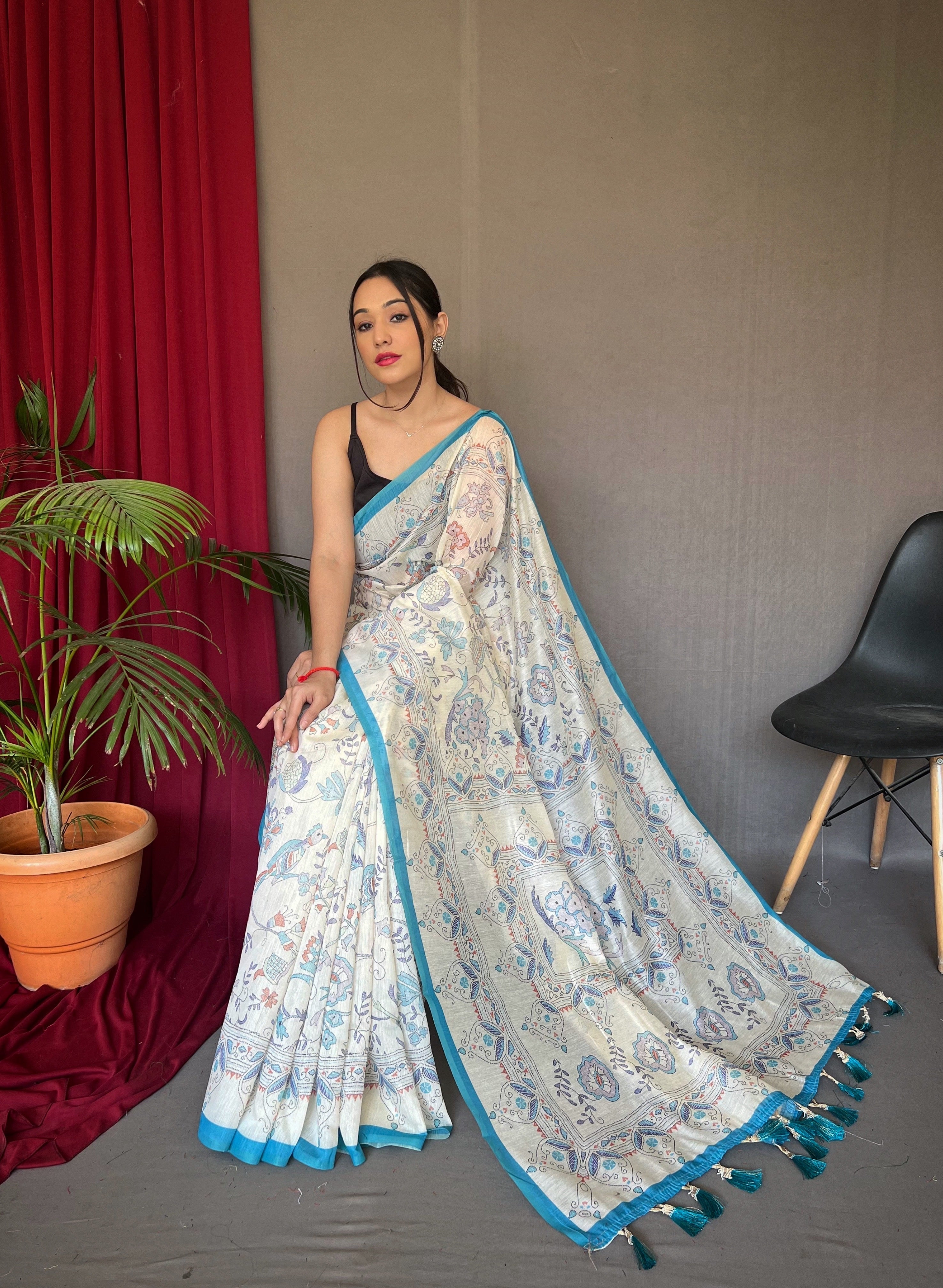 Blue Cotton Katha Printed Saree
