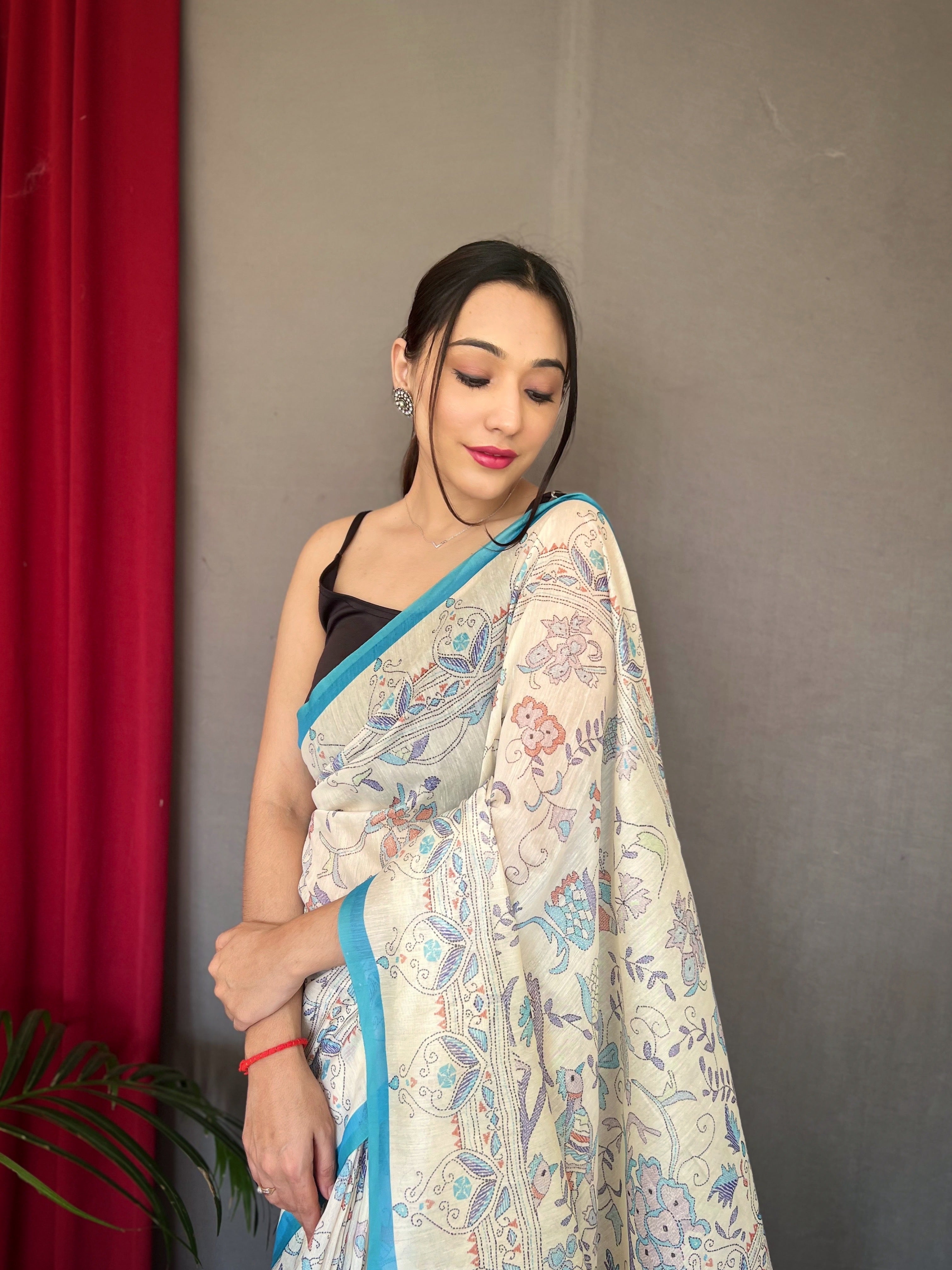 Blue Cotton Katha Printed Saree