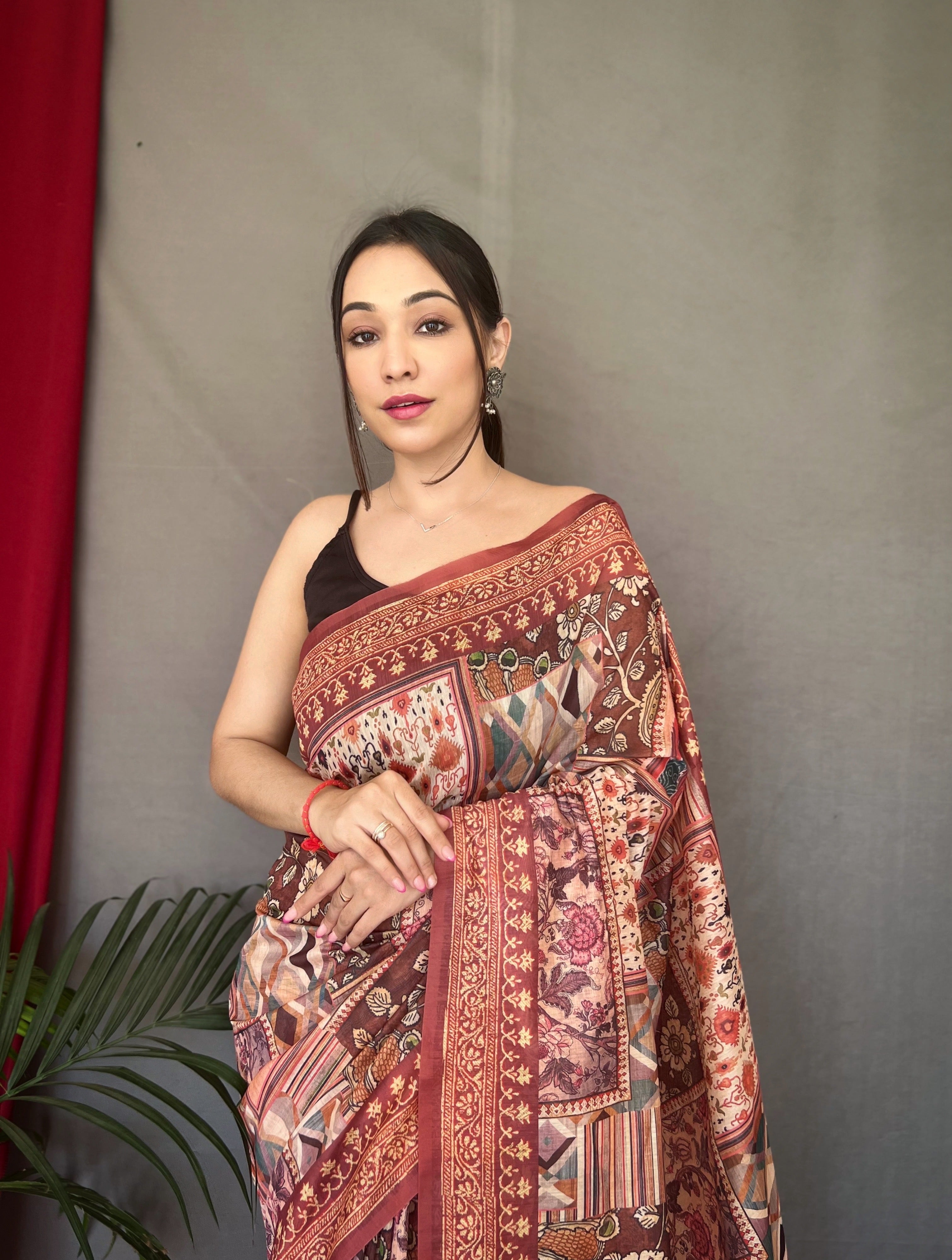 Brown Ajrakh Carpet Silk Cotton Printed Saree