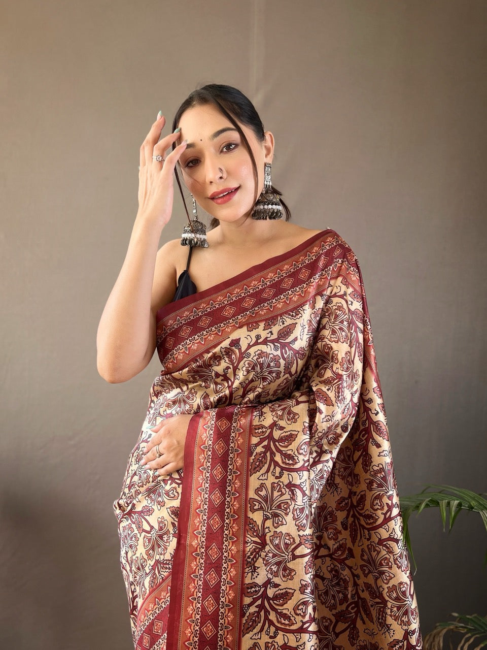 Krishna Cream Ajrakh printed saree