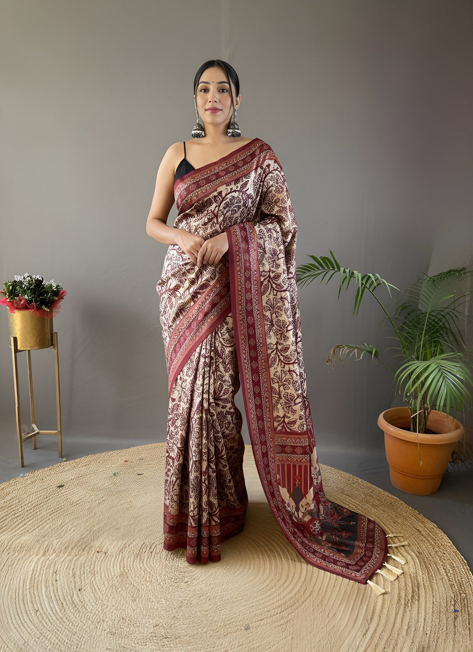 Krishna Cream Ajrakh printed saree
