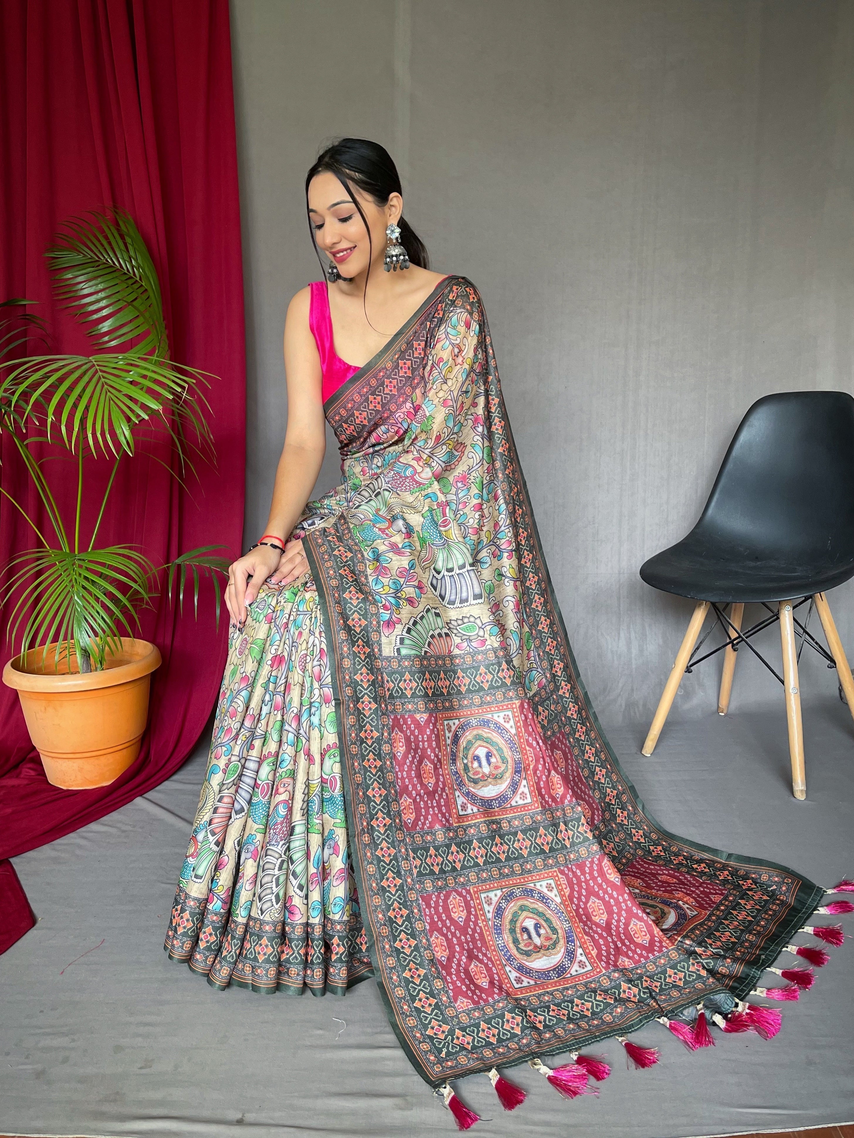 Pure Cotton Bandhani Kalamkari Printed Saree Cream