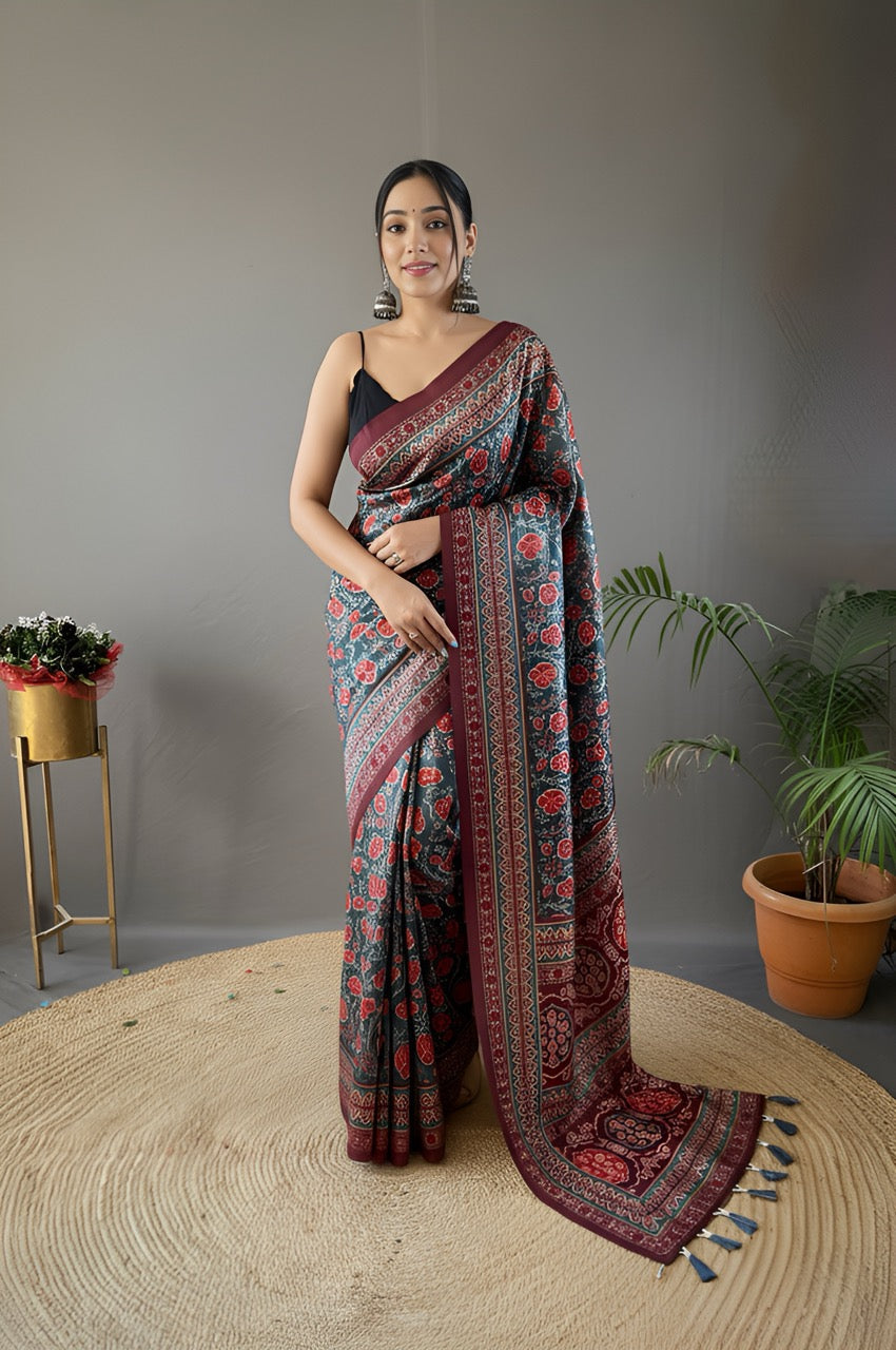 Denim Blue Ajrakh printed saree