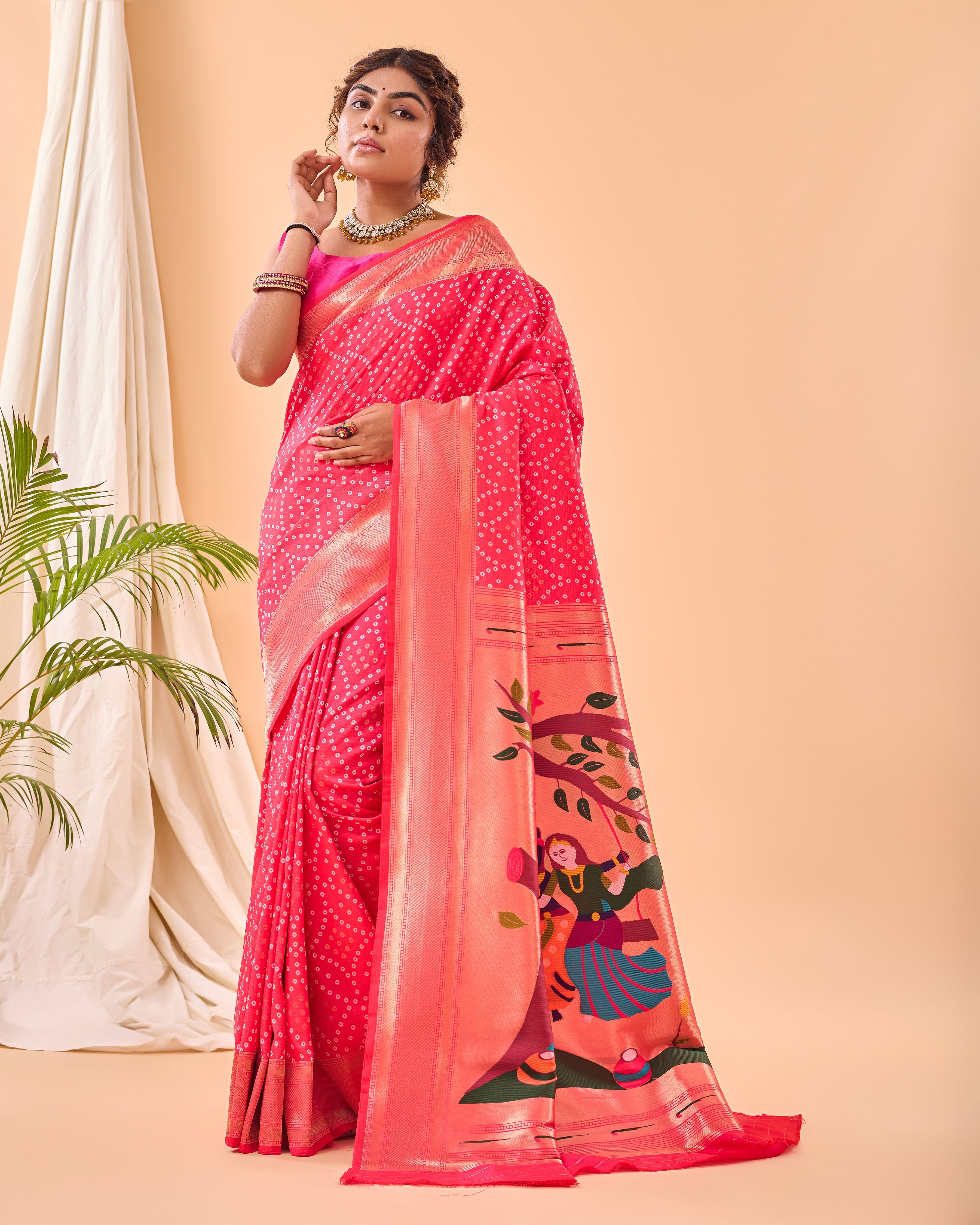 Rani Pink Woven printed saree