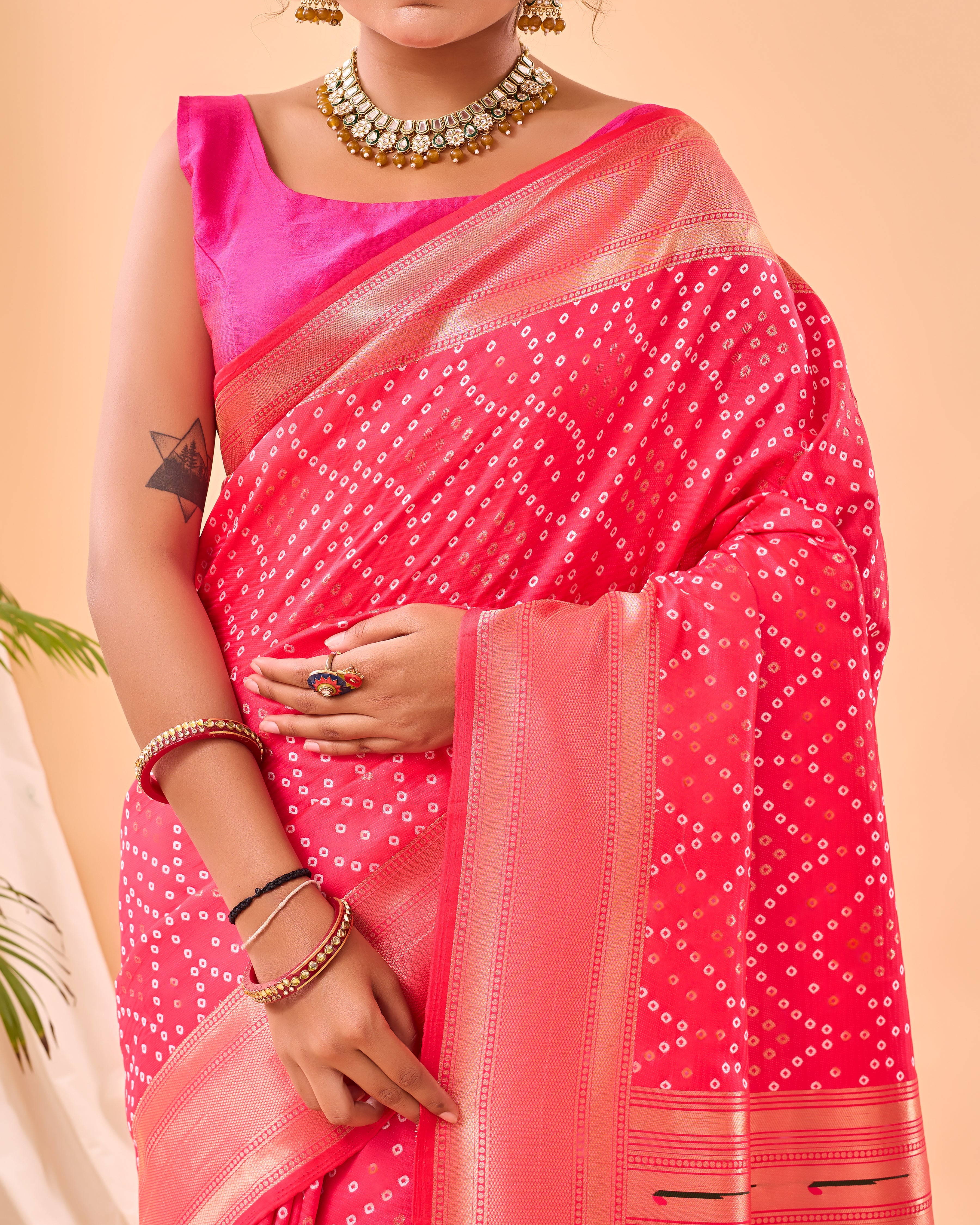 Rani Pink Woven printed saree