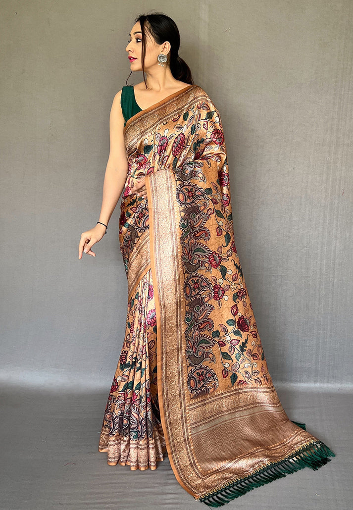 Camel Brown Diva Soft Silk Kalamkari Printed Saree
