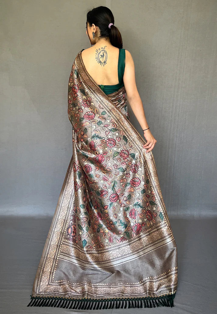 Ash Grey Diva Soft Silk Kalamkari Printed Saree