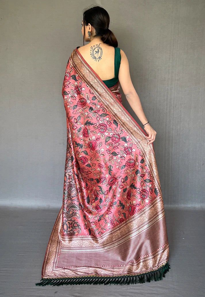 1 MIN Ready To Wear In Peach Diva Soft Silk Kalamkari – PREMIUM