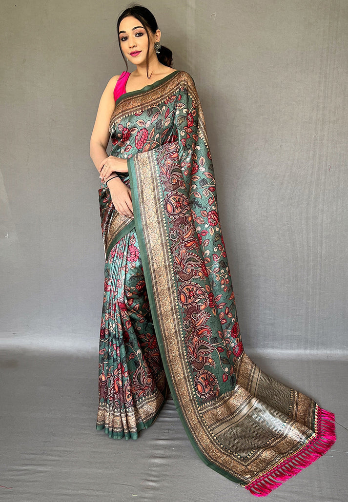 Teal Blue Diva Soft Silk Kalamkari Printed Saree