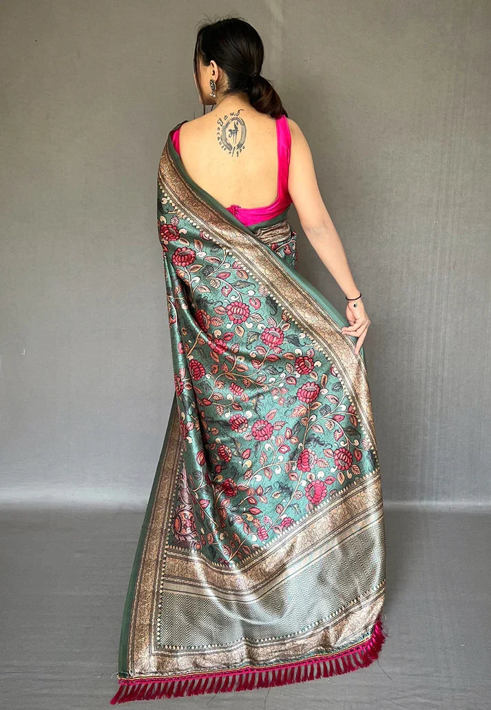 Teal Blue Diva Soft Silk Kalamkari Printed Saree